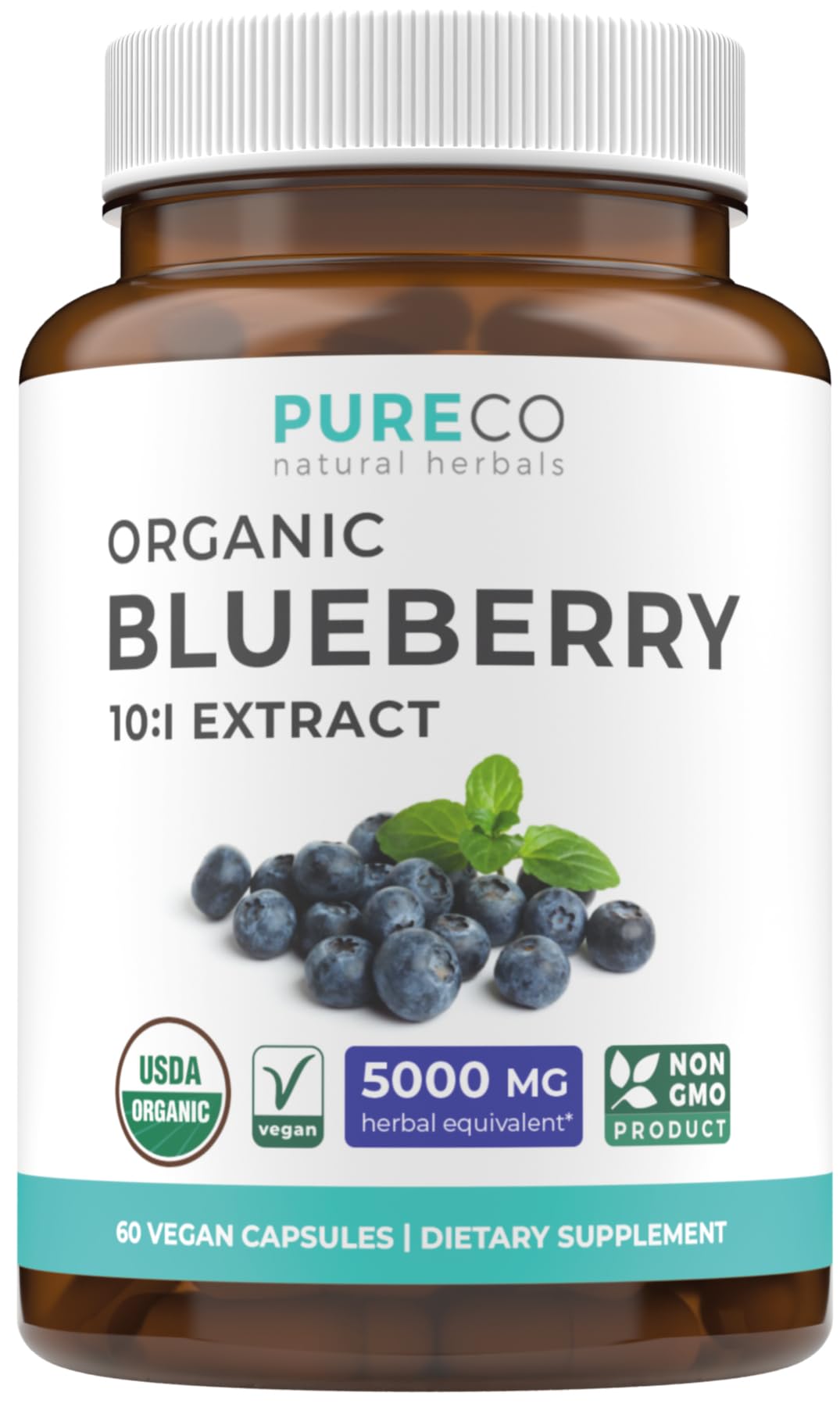 Pure Co Myrtille Extrait: capsules dans la bouteille pour un apport antioxydant quotidien.