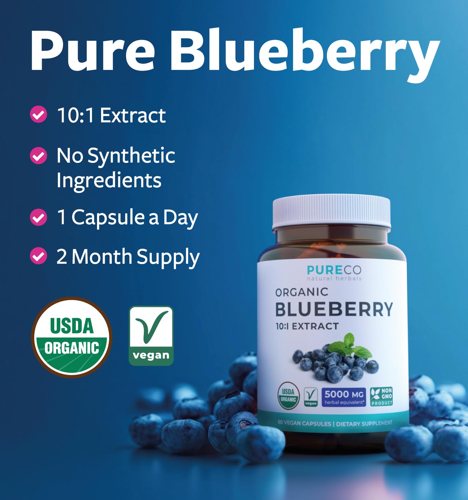 Pure Co Myrtille Extrait: capsules en gros plan offrant un apport en antioxydants.