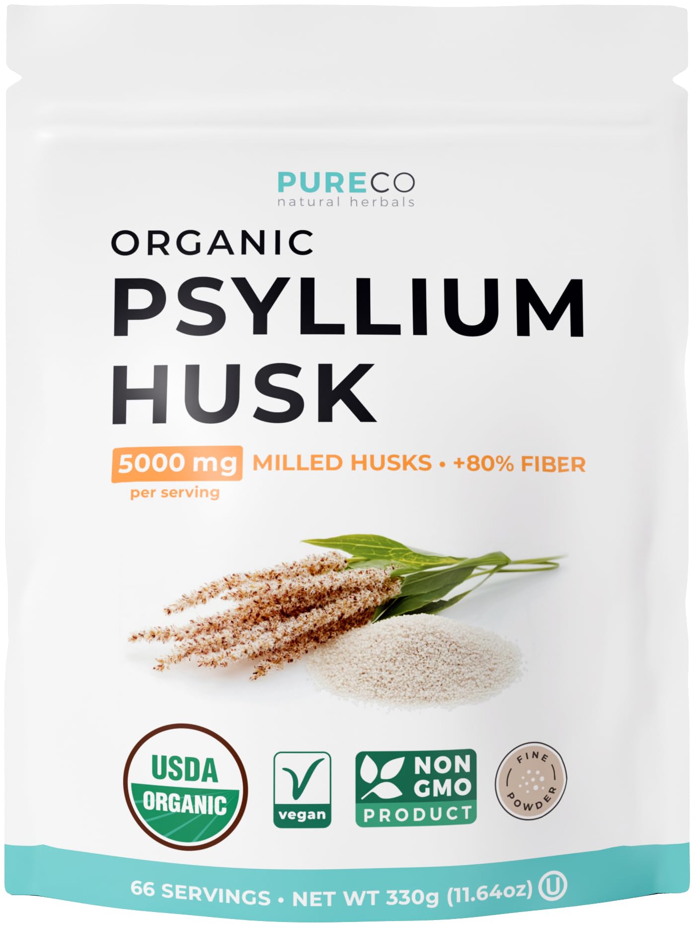 Pure Co emballage poudre psyllium biologique, fibre soluble prête à l'emploi
