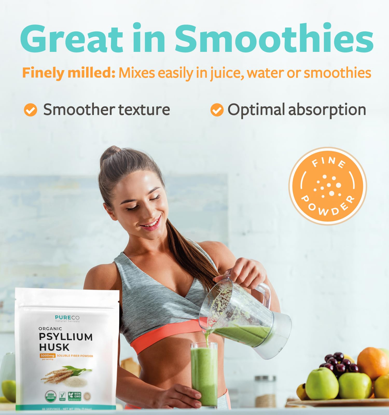Pure Co psyllium se mélange facilement dans smoothies et soupes