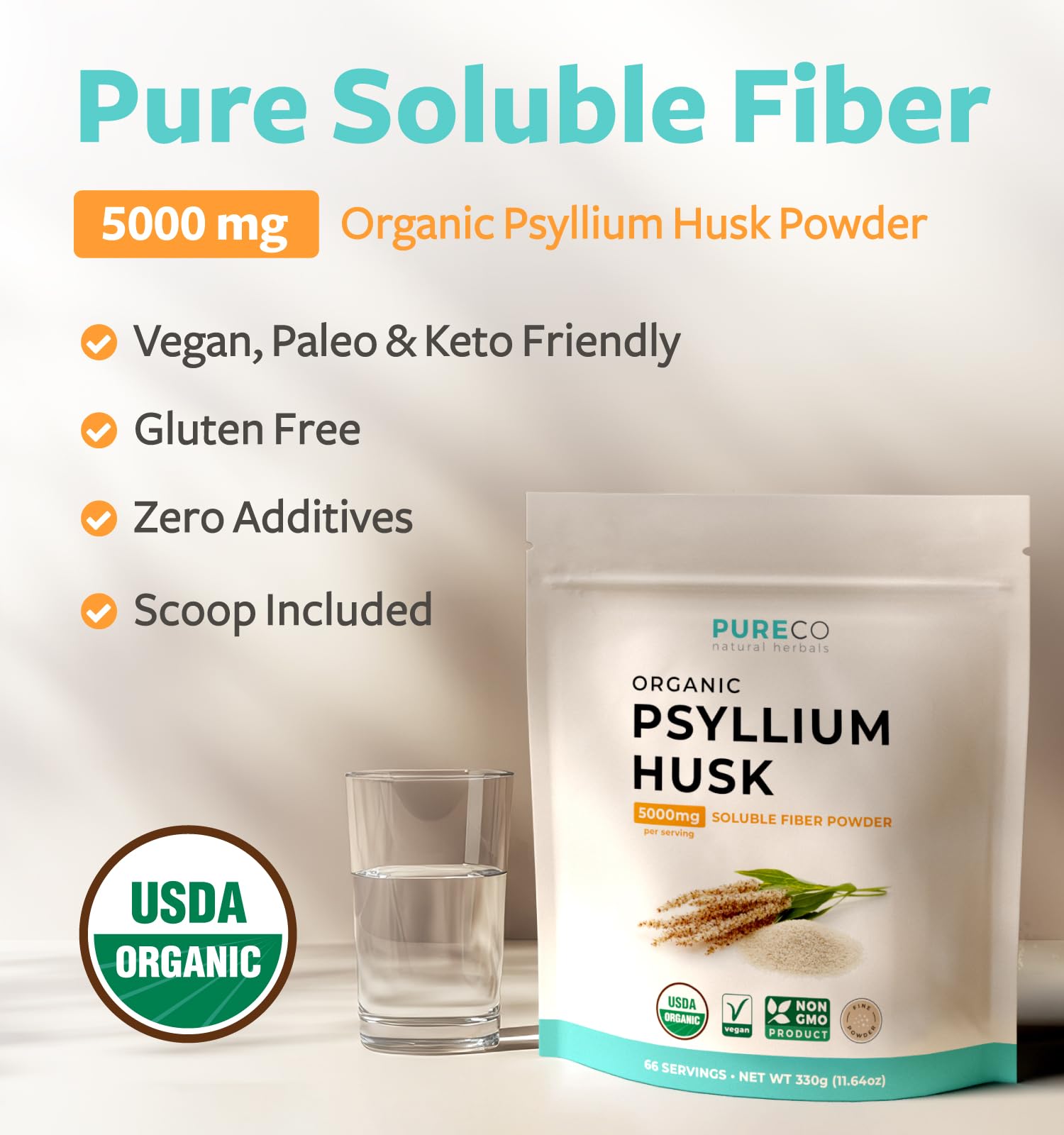 Texture finement moulue de Pure Co psyllium pour boissons lisses