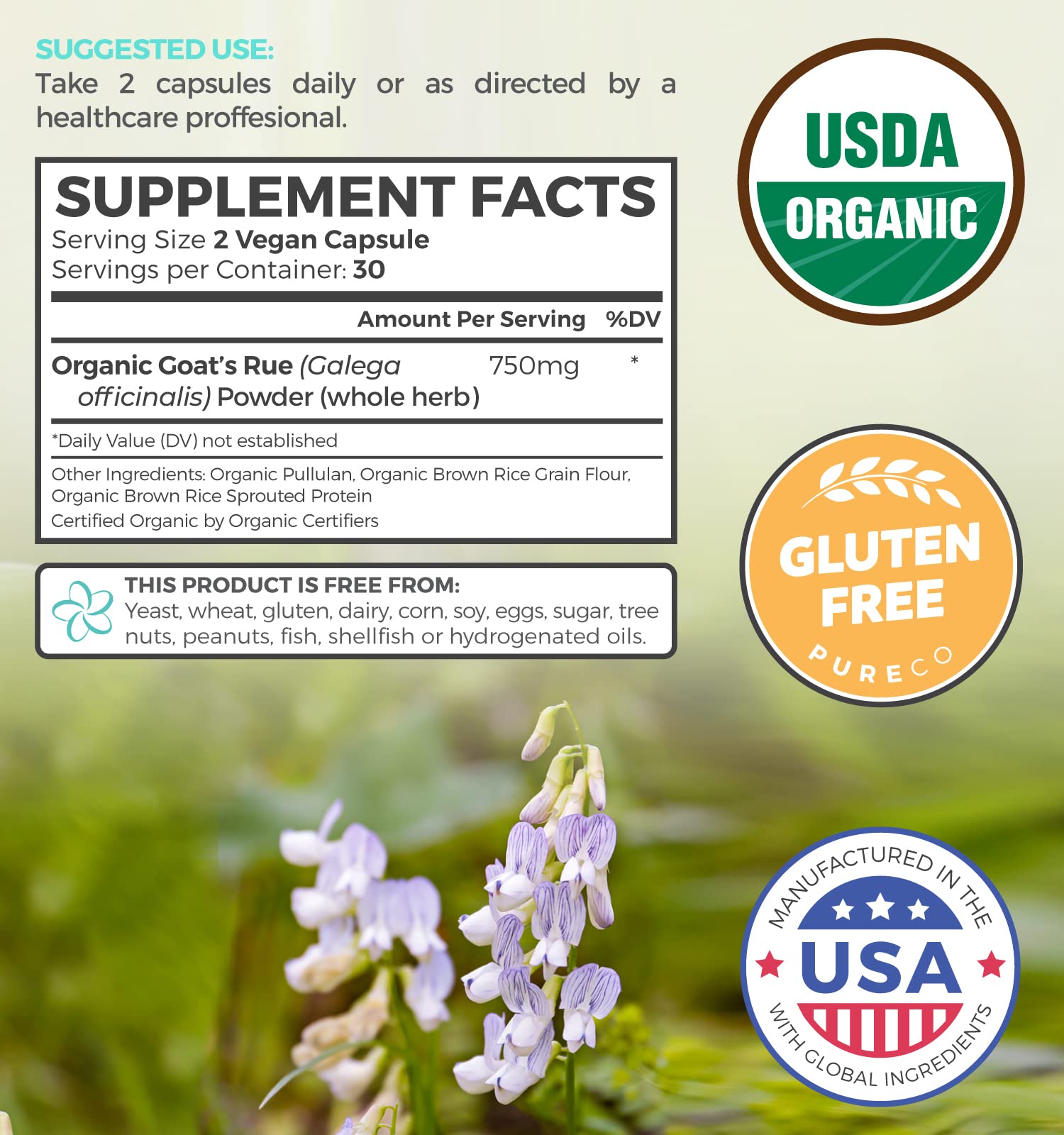 Pure Co Rue du chèvre – Étiquette bio USDA Organic et sans OGM.