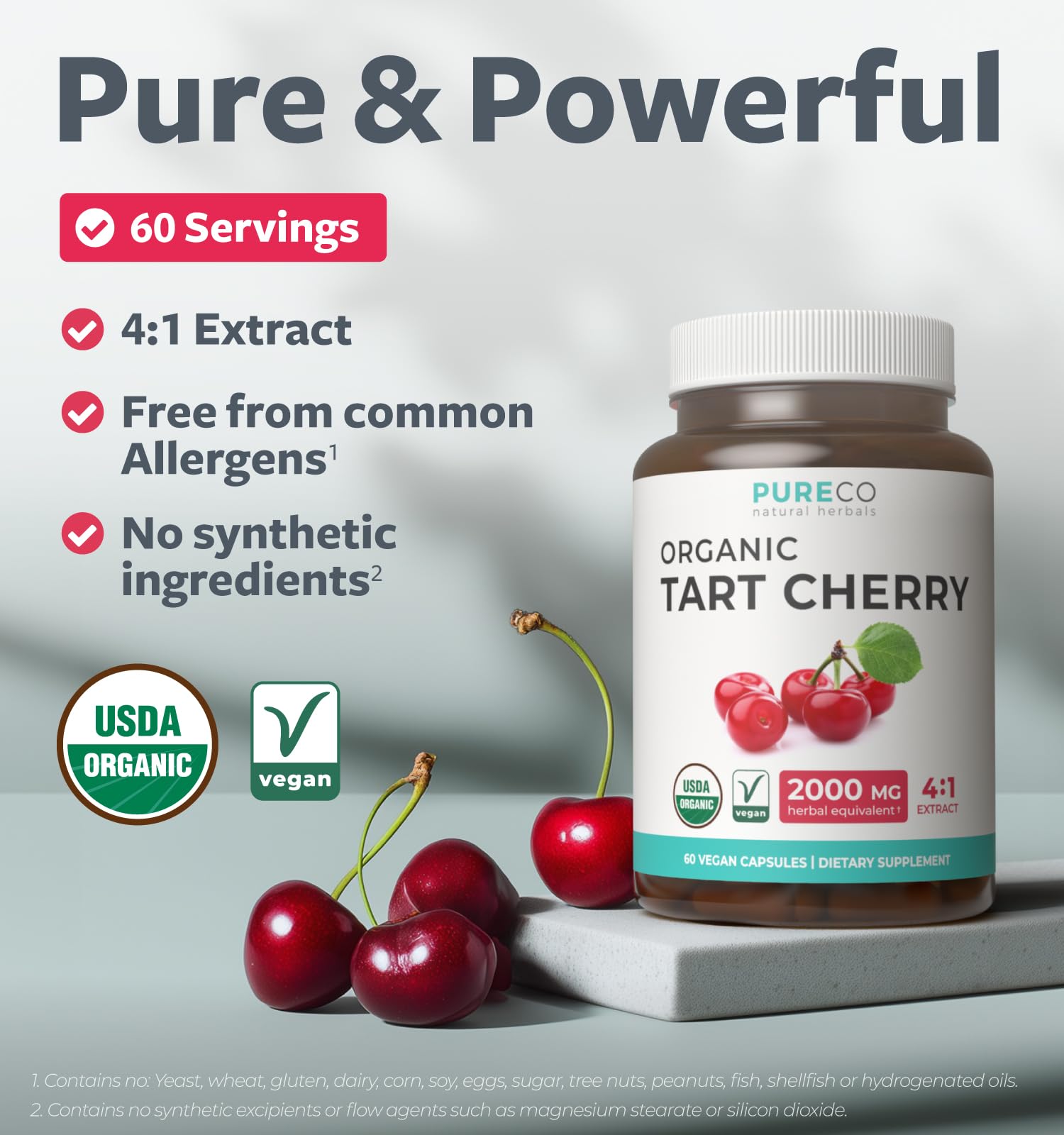 Pure Co Tart Cherry Extrait 4:1 sur étiquette, biologique et sans OGM.