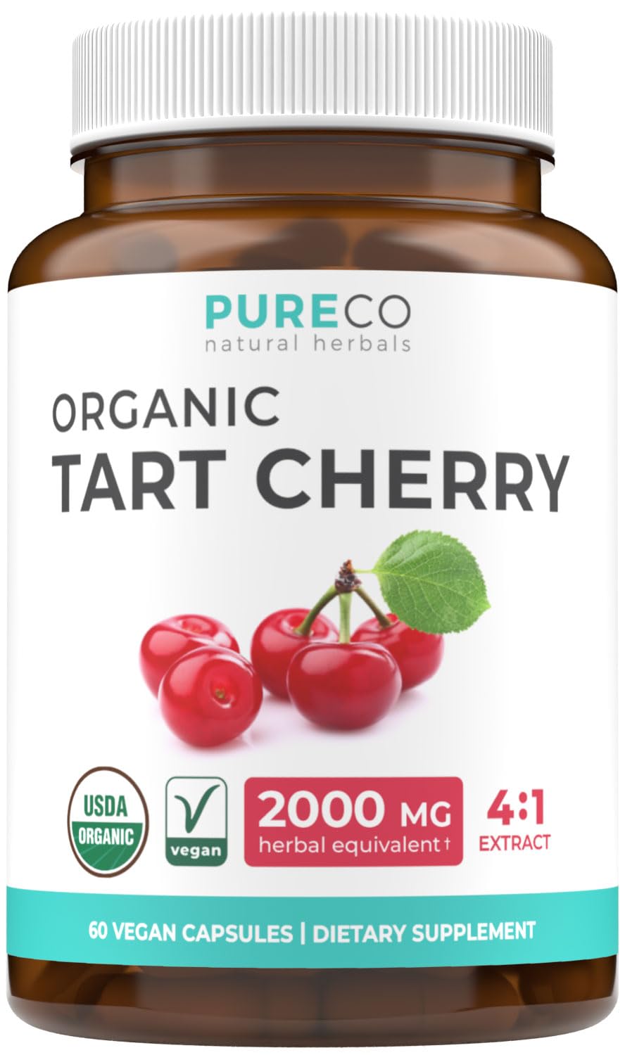 Pure Co Tart Cherry Extrait 4:1 en bouteille, concentration équivalente à 2000 mg.