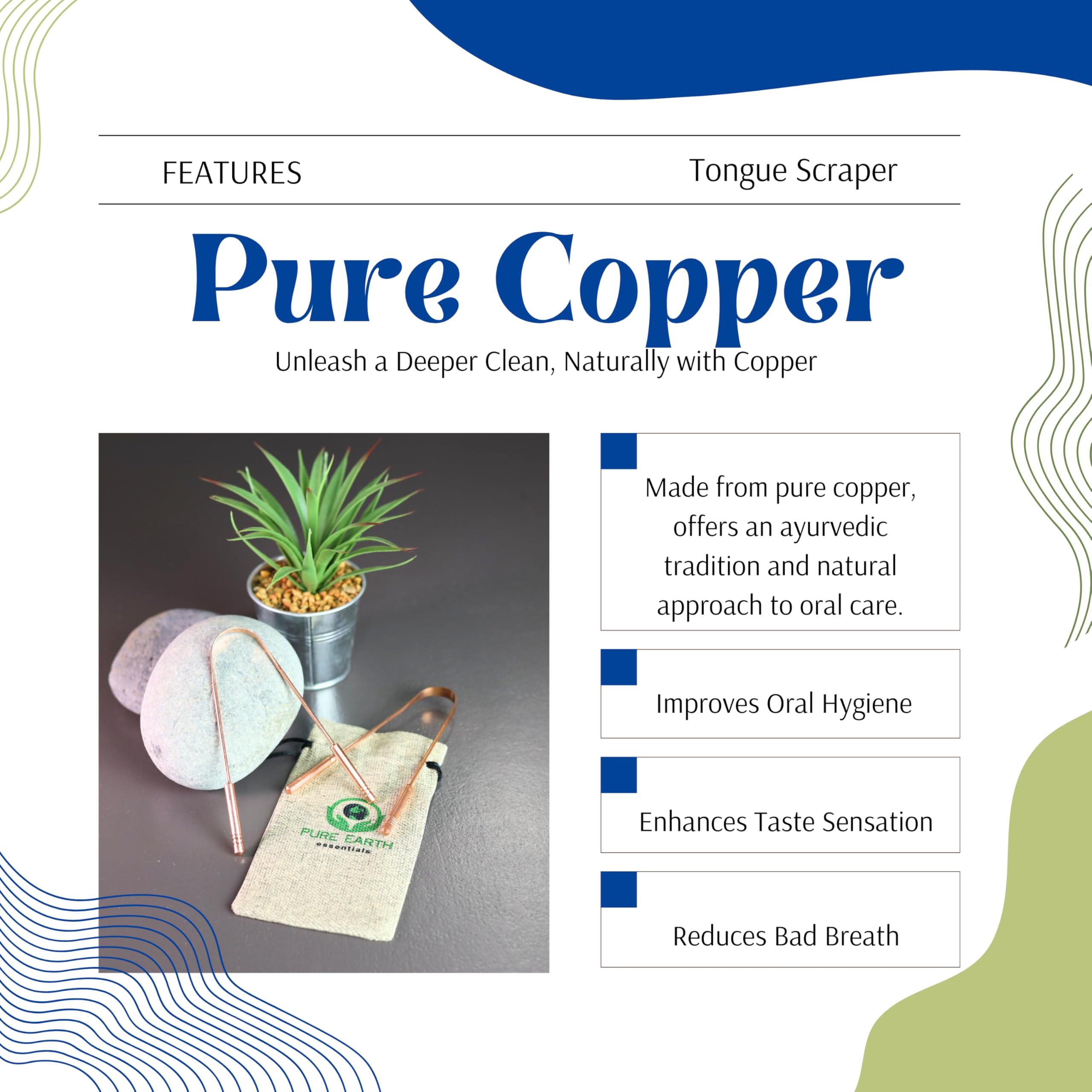 Pure Earth Essentials grattoir-langue-cuivre avec pochette Hessian prêt pour voyage