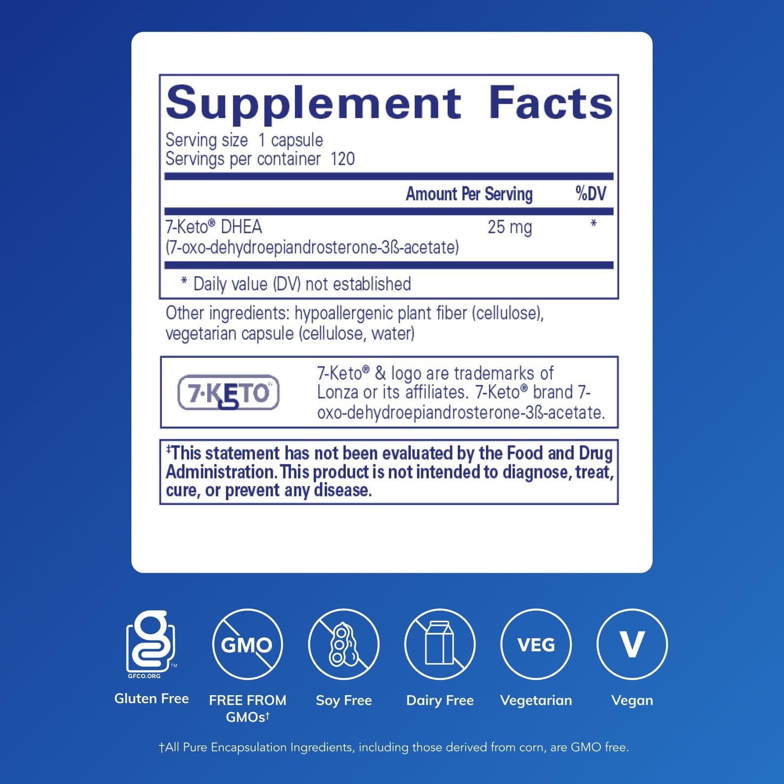 Pure Encapsulations 7-Keto DHEA gélules; dosage clair pour un apport quotidien.