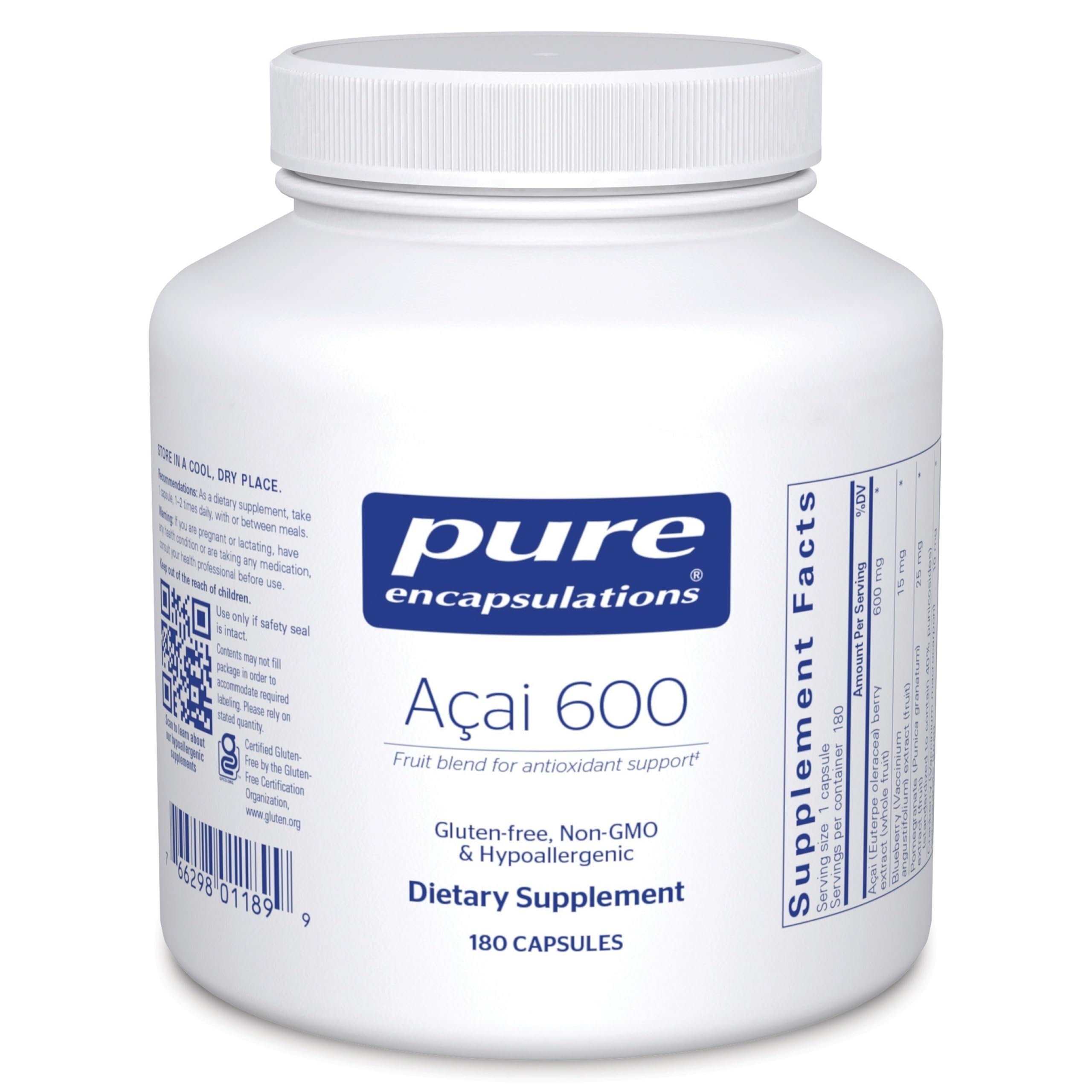 Pure Encapsulations Acai 600 – bouteille pratique pour la posologie quotidienne.