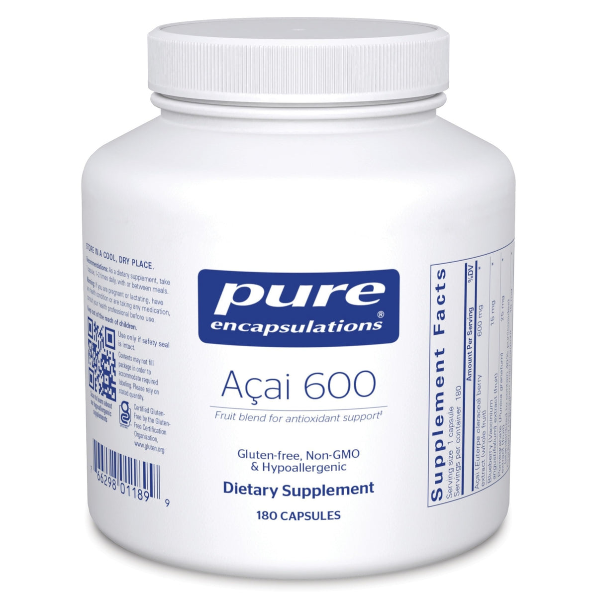 Pure Encapsulations Acai 600 – bouteille pratique pour la posologie quotidienne.