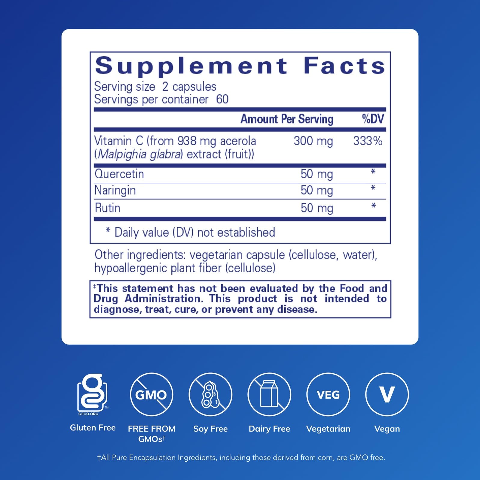 Pure Encapsulations Acerola/Flavonoid, bouteille arrière: étiquette lisible et traçabilité