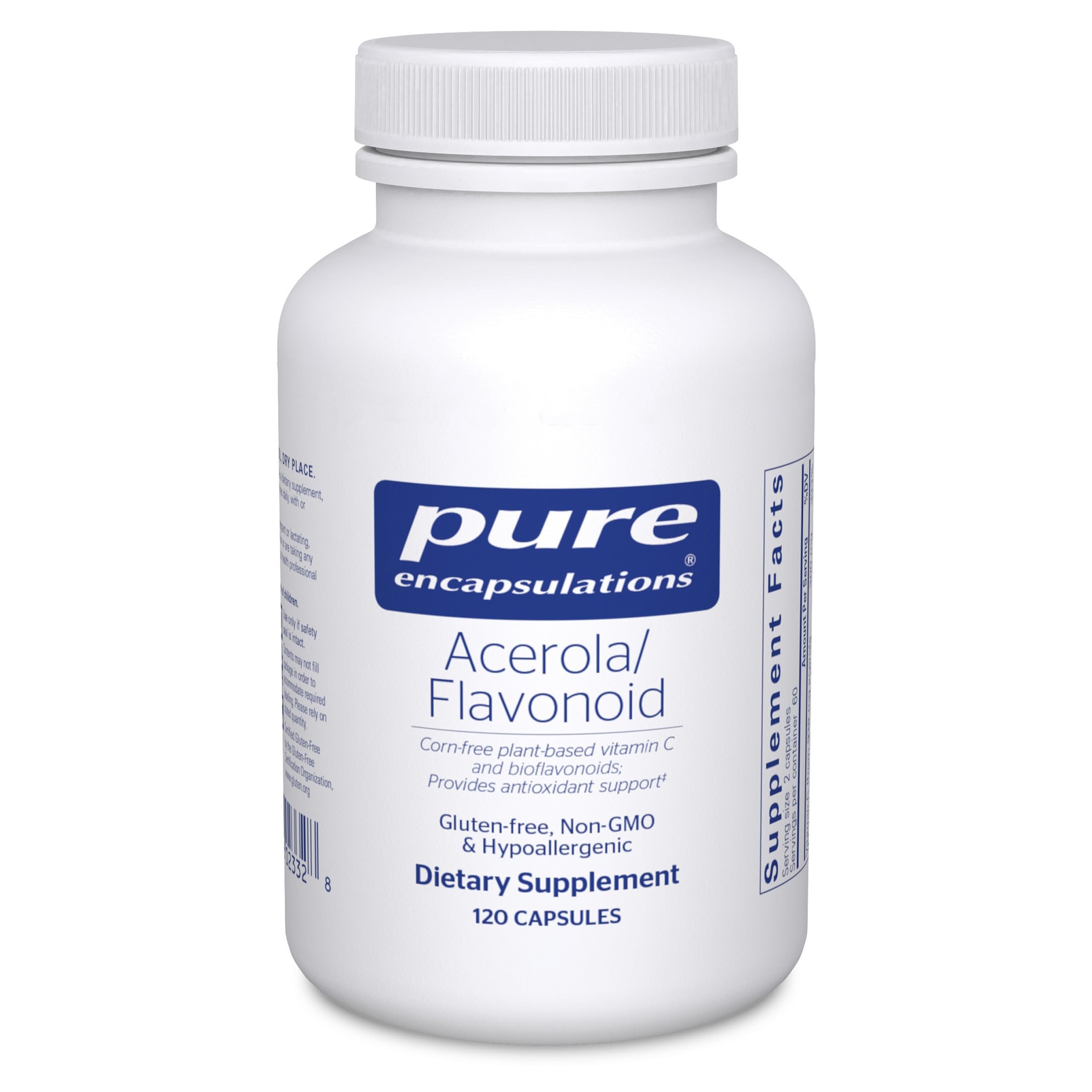 Pure Encapsulations Acerola/Flavonoid, bouteille avant: routine quotidienne avec vitamine C naturelle