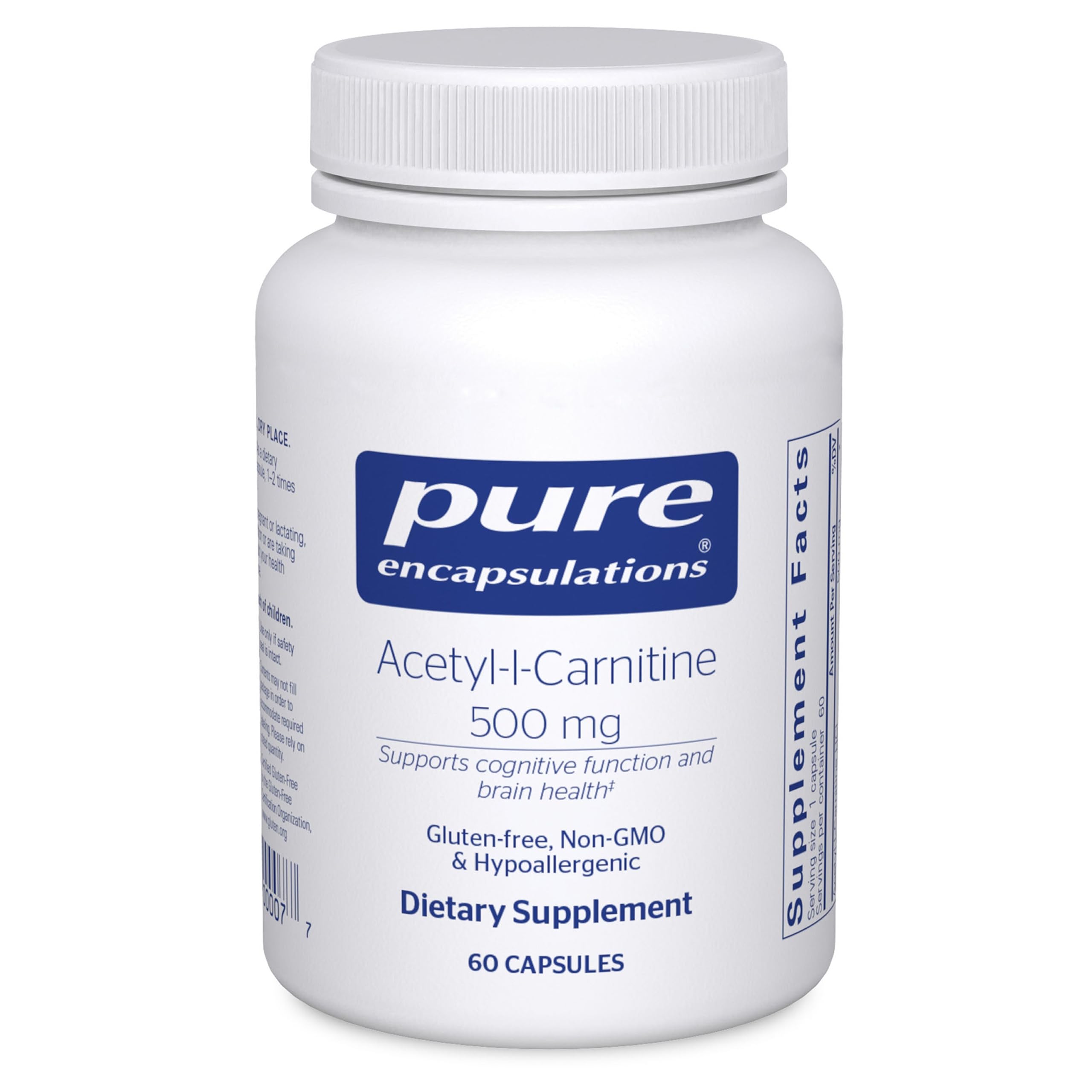 Pure Encapsulations Acétyl-L-Carnitine 500 mg — bouteille prête à l’emploi pour soutenir la mémoire potentielle.