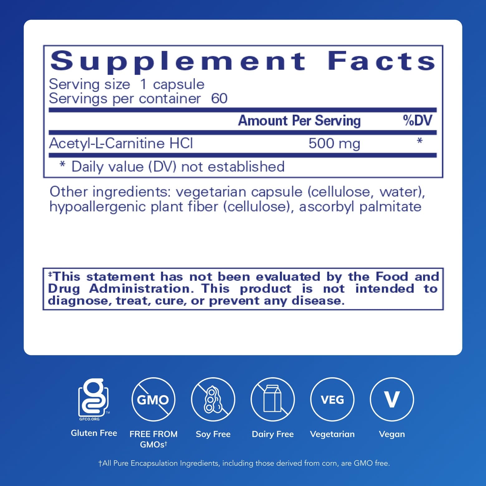 Capsules Pure Encapsulations Acétyl-L-Carnitine 500 mg, utilisées au quotidien pour la concentration.