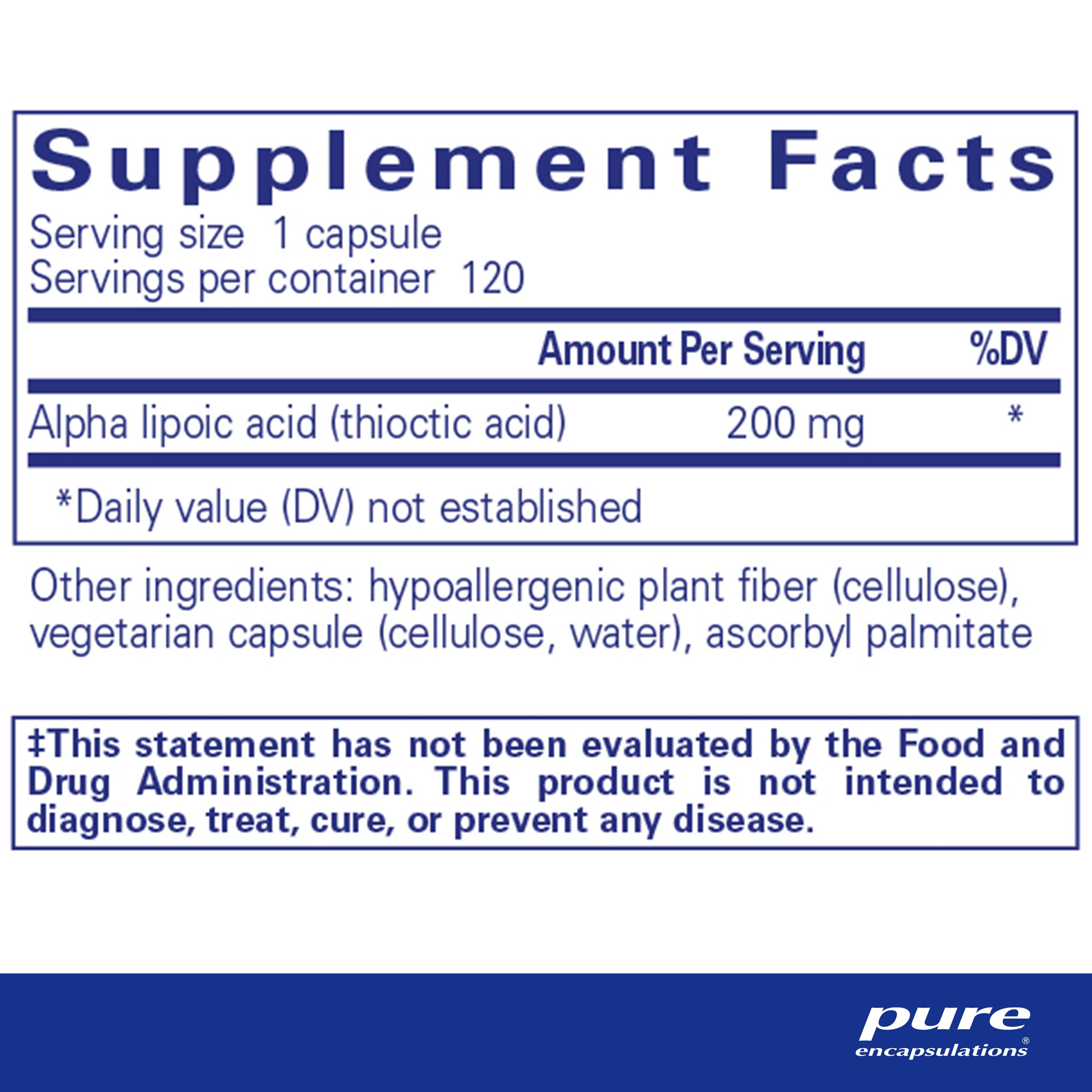 Pure Encapsulations Acide alpha-lipoïque – bouteille arrière, informations claires et dosage