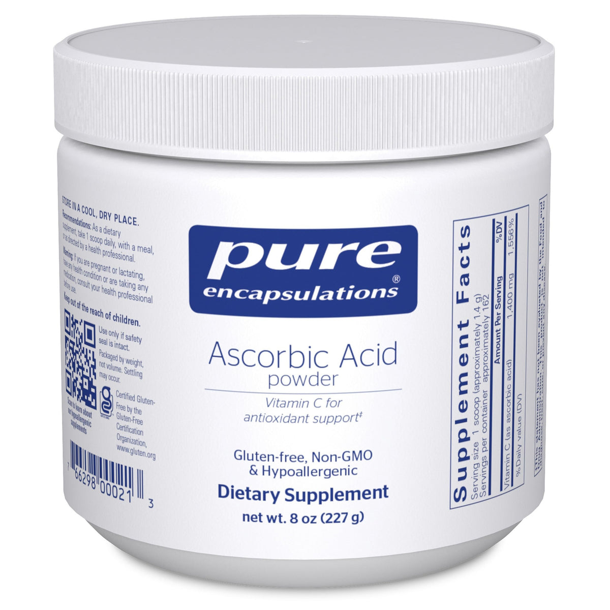 Pure Encapsulations Acide ascorbique poudre flacon prêt à l’emploi pour dosage facile.