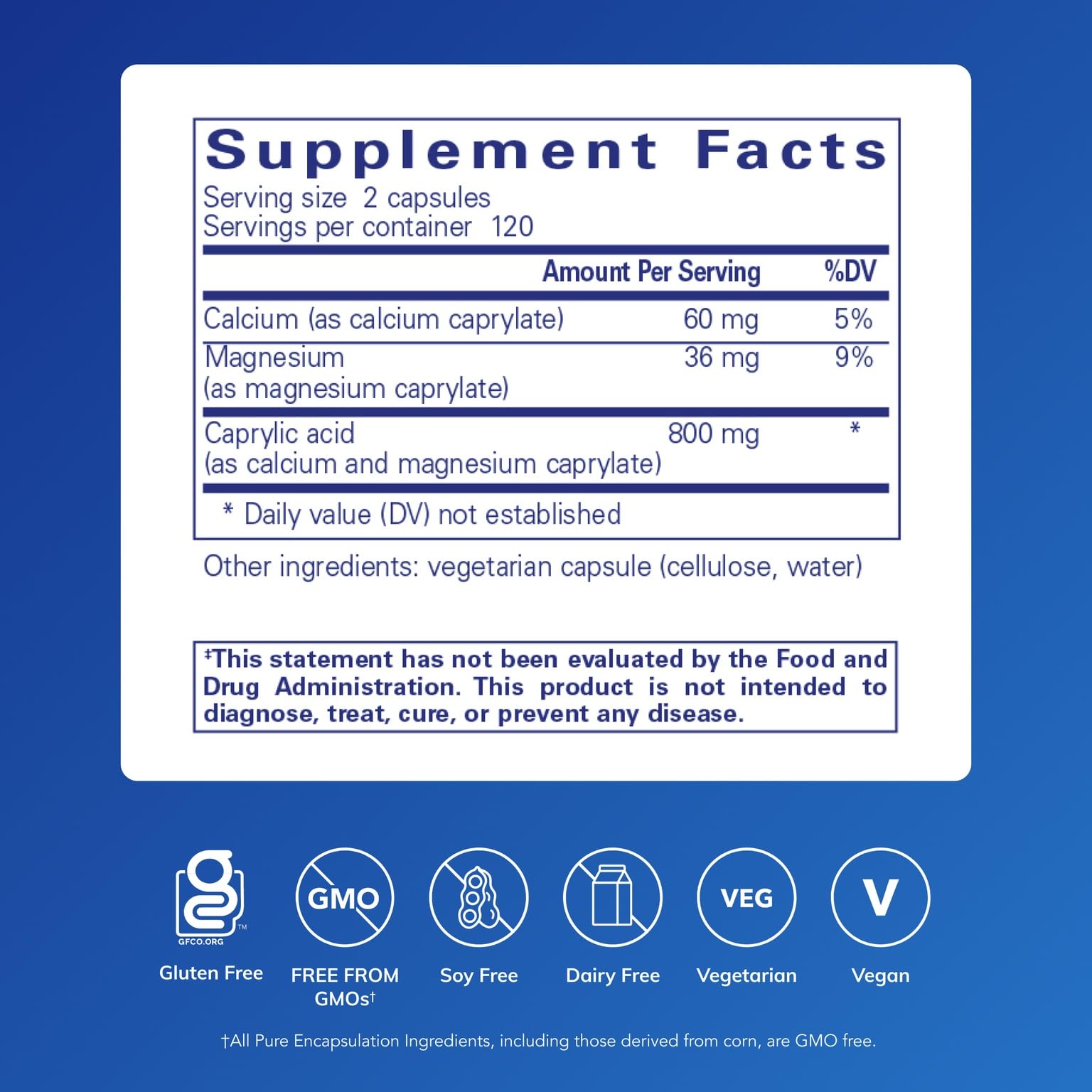 Pure Encapsulations Acide caprylique - étiquette, ingrédients premium et transparence.