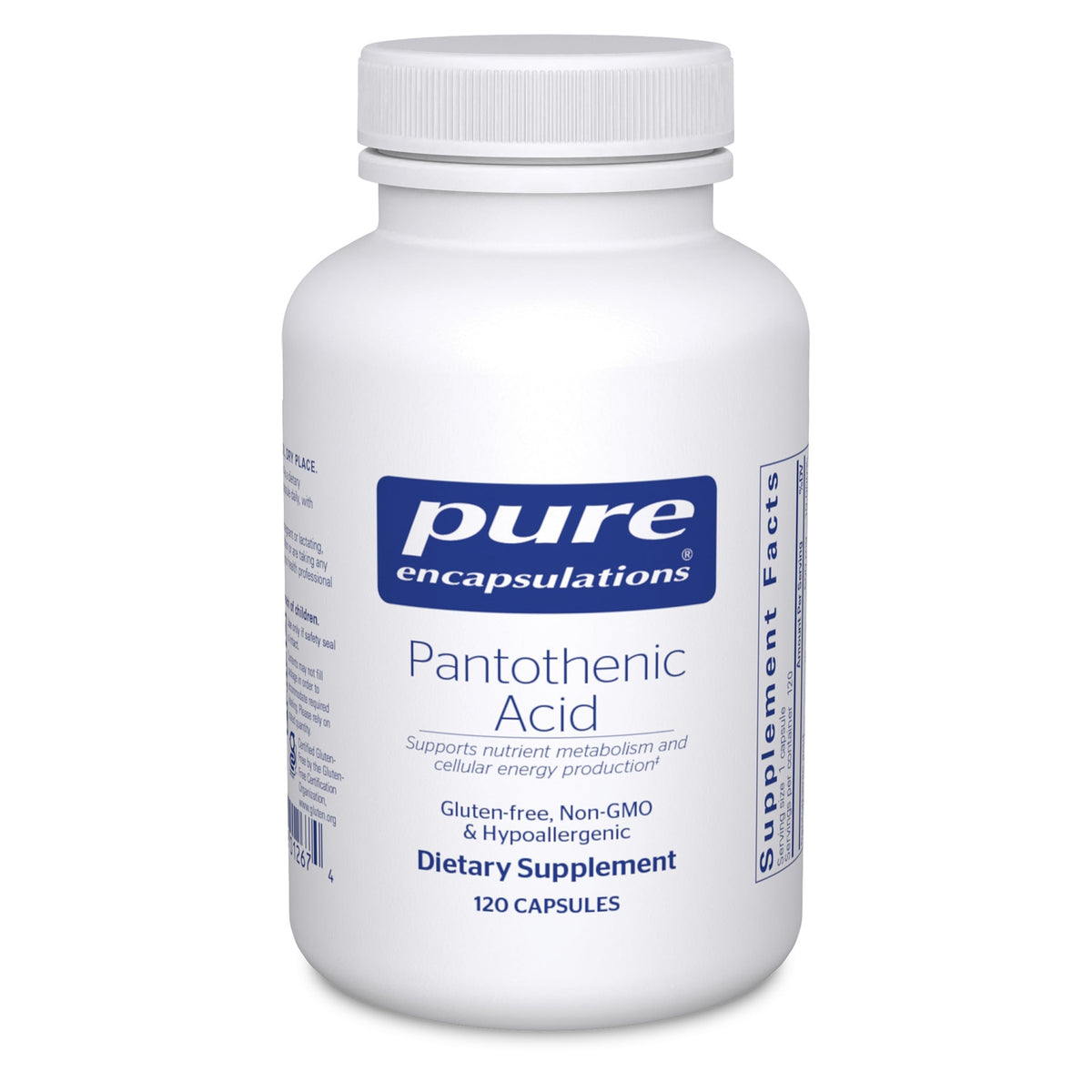 Pure Encapsulations Acide pantothénique – Bouteille montrée pour énergie cellulaire et pureté.