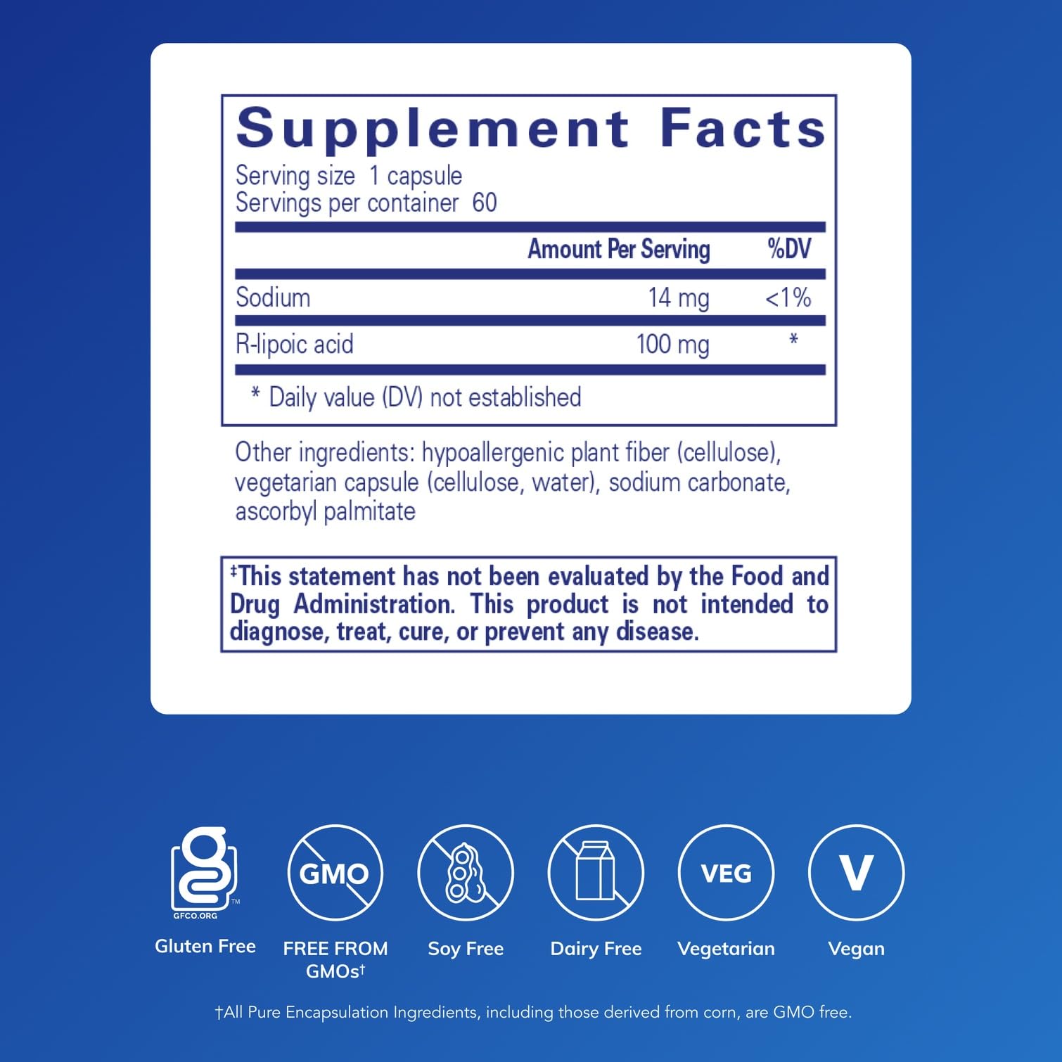 Pure Encapsulations Acide R-Lipoïque Stabilisé — capsules visibles et biodisponibilité améliorée.