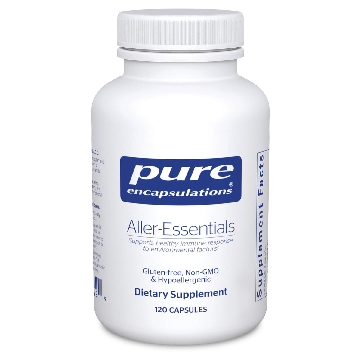 Pure Encapsulations Aller-Essentials – bouteille sur étagère, soutien immunitaire potentiel.