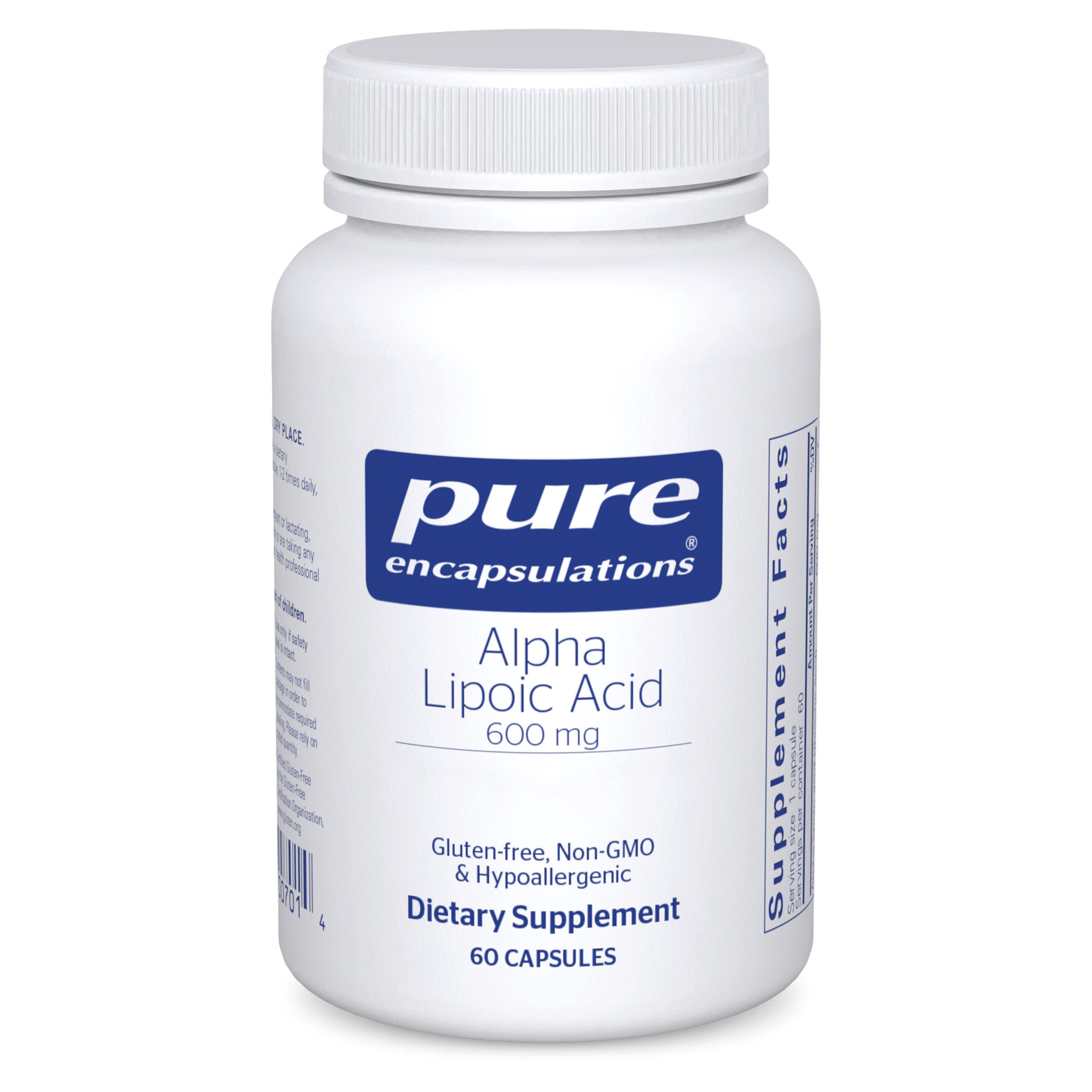 Pure Encapsulations Alpha Lipoic Acid 600 mg: bouteille visible, soutien antioxydant quotidien.