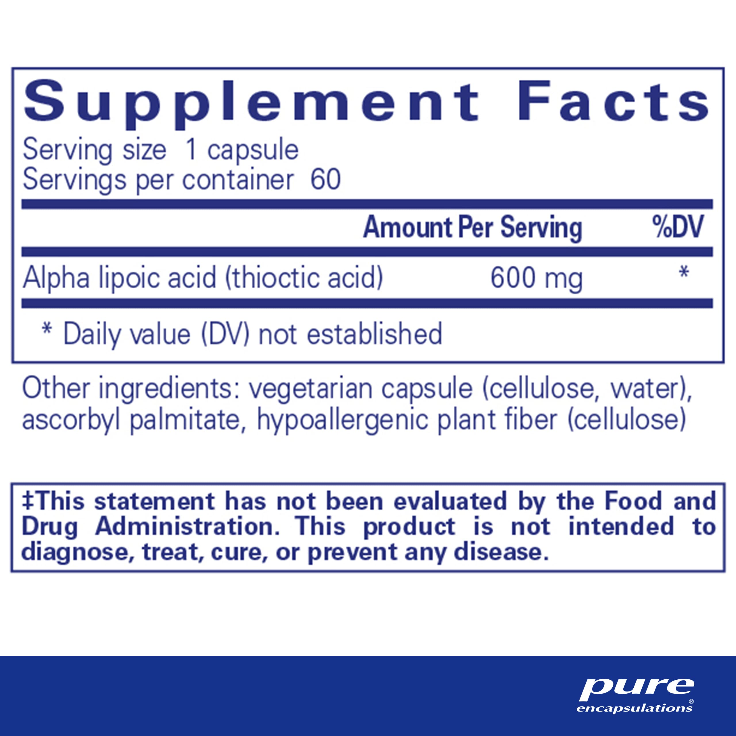 Alpha Lipoic Acid 600 mg: etiquette lisible pour doser correctement.