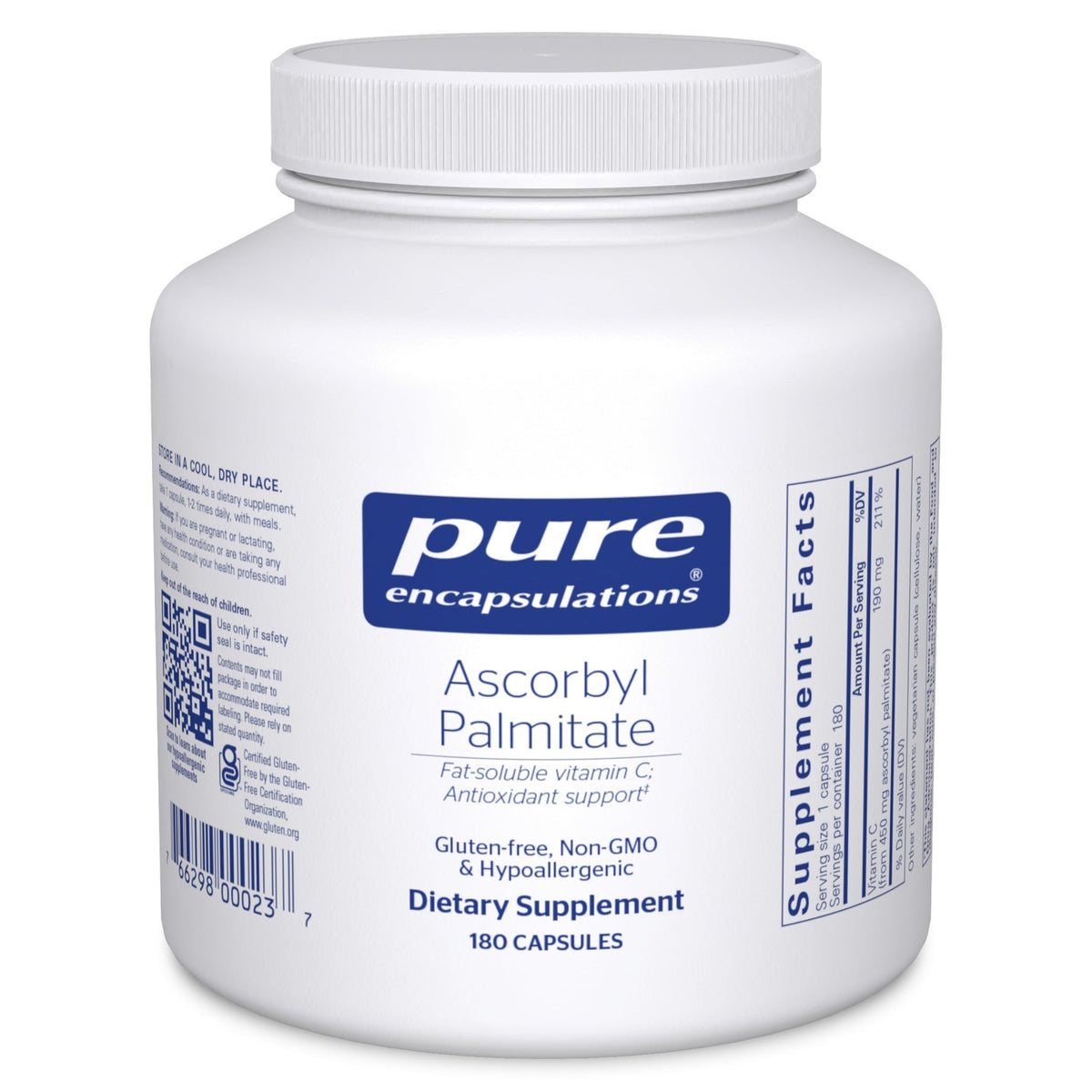 Pure Encapsulations Ascorbyl Palmitate, bouteille 180 gélules: soutien potentiel immunitaire et absorption du fer.