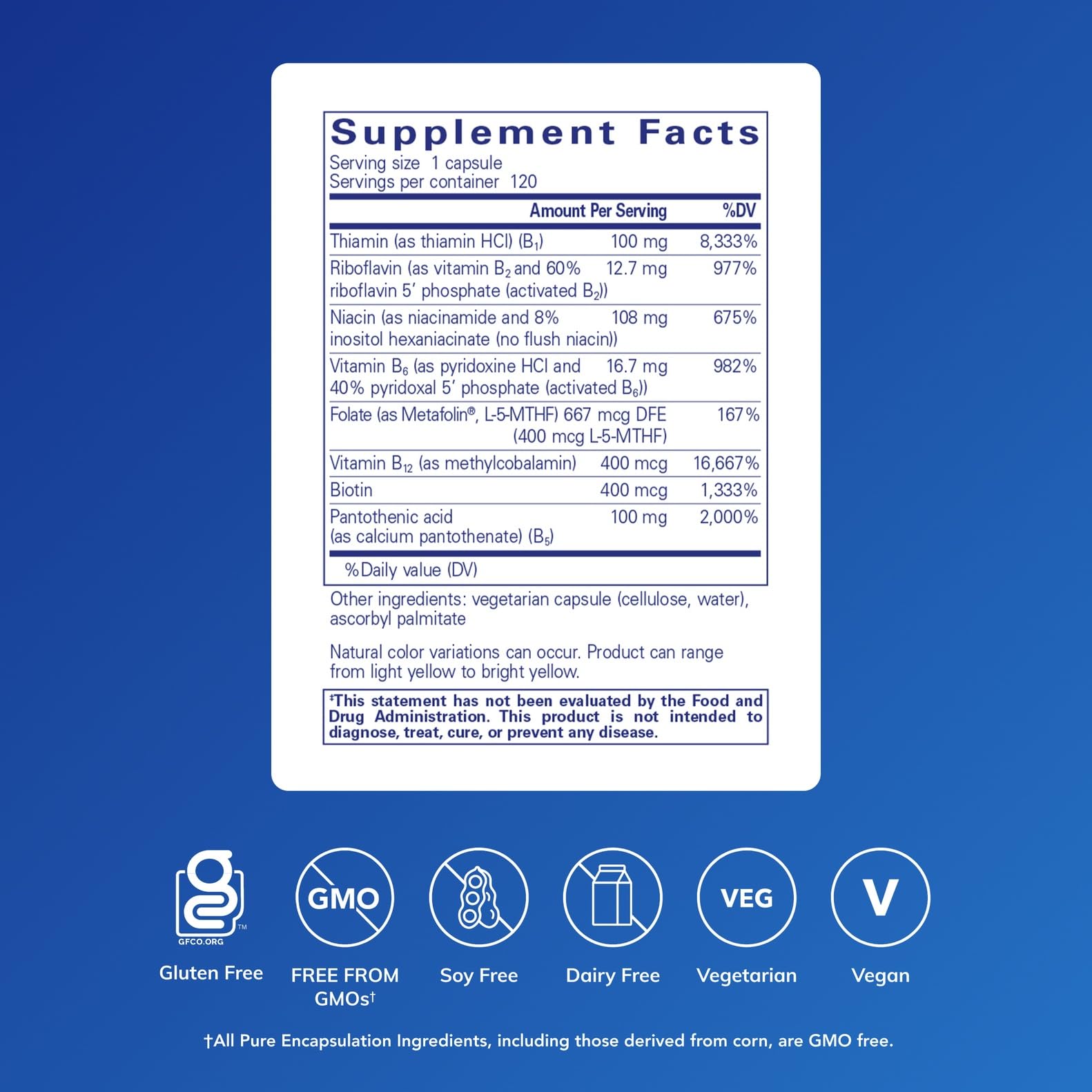 Gélules de Pure Encapsulations B-Complex Plus favorisent énergie et fonctionnement cognitif potentiel.