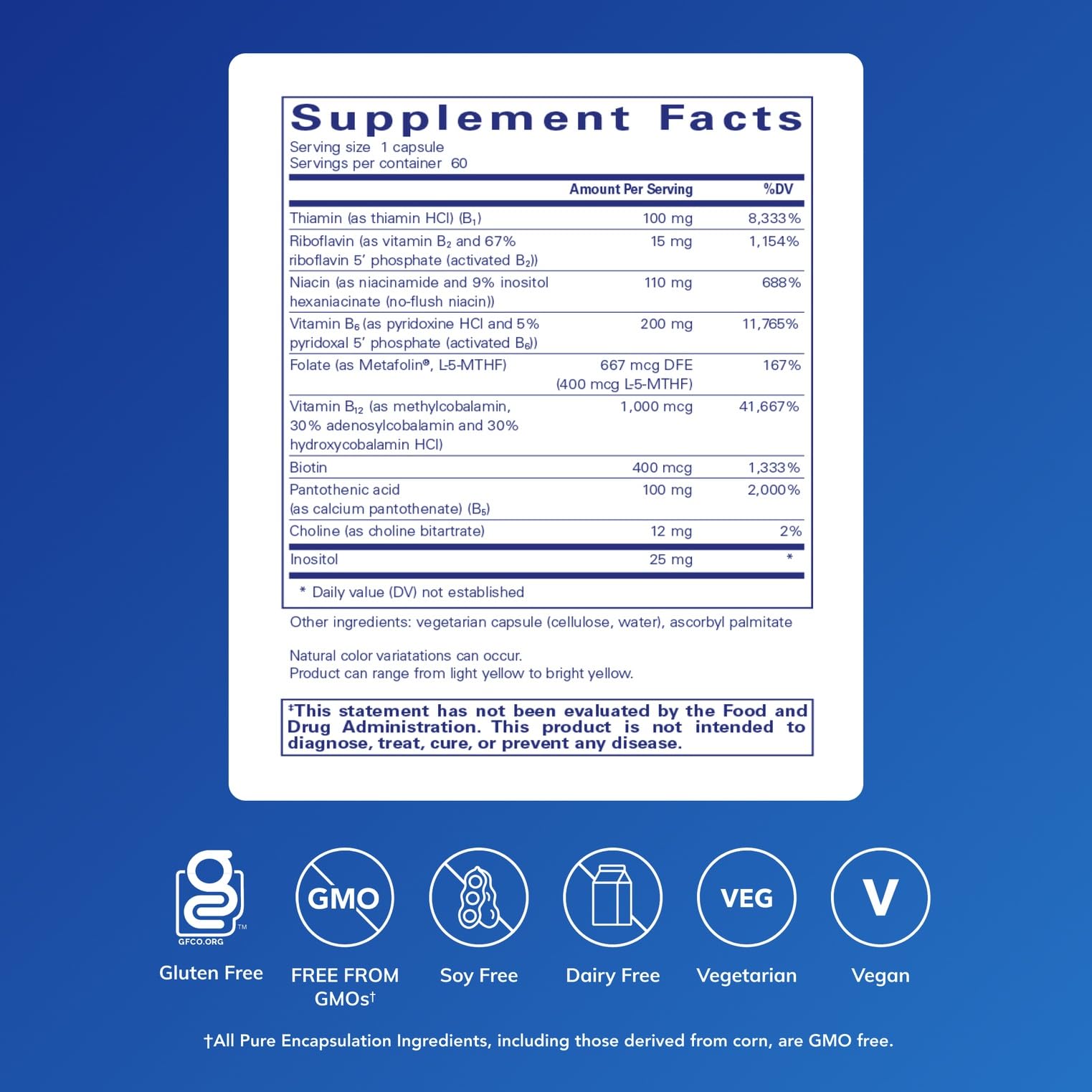 Pure Encapsulations B6 Complex, etiquette d’emballage claire, utilisation quotidienne facilitée.