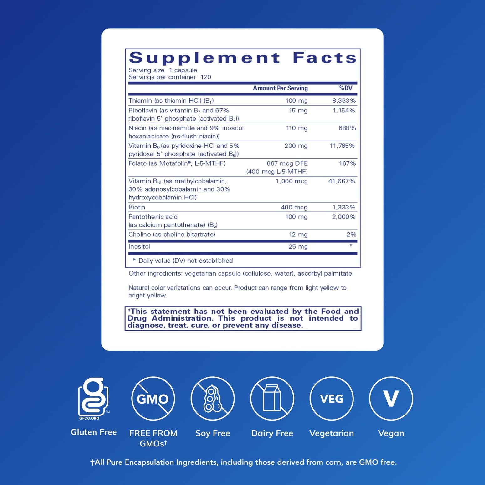 Pure Encapsulations B6 Complex: étiquette claire avec informations sur les vitamines B.