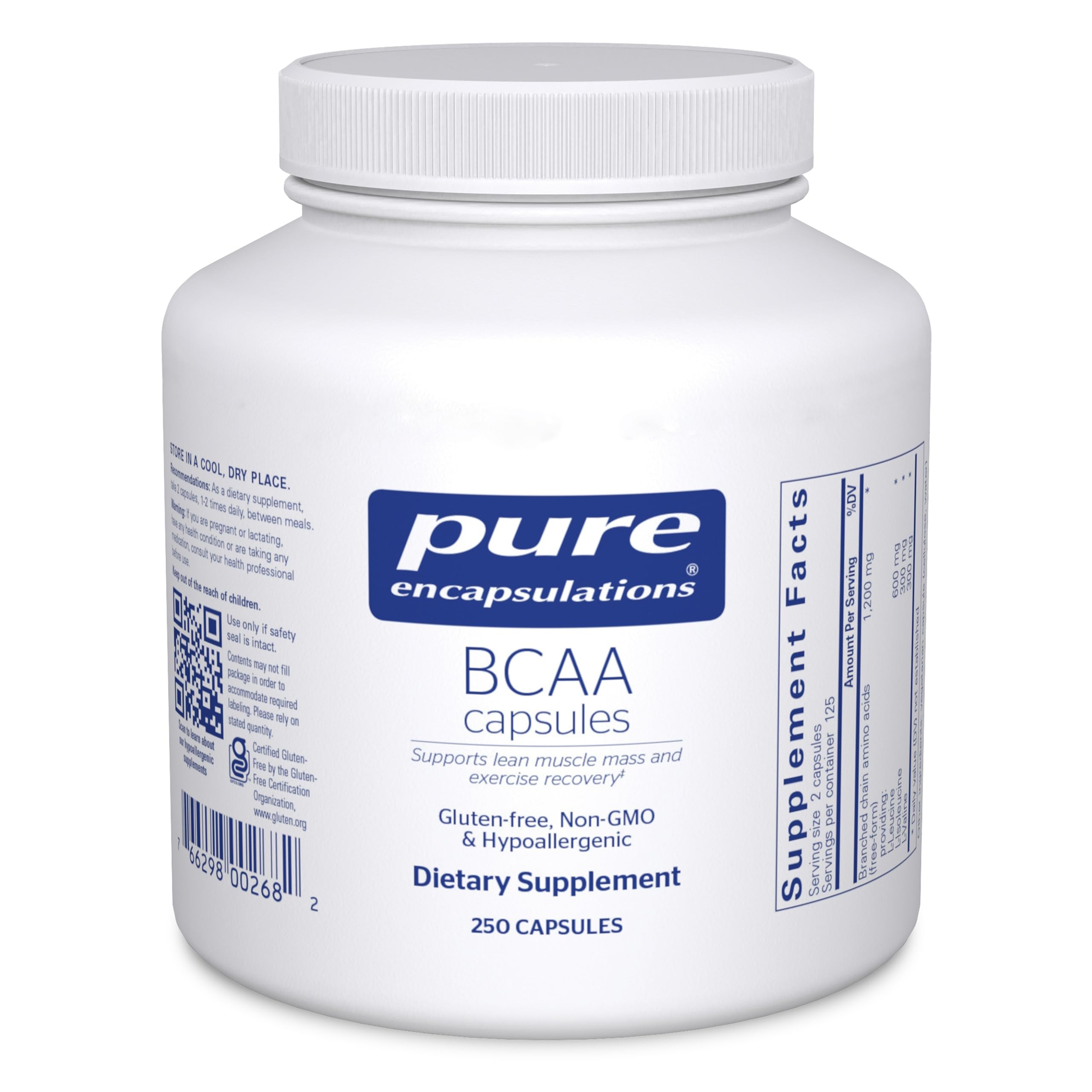Bouteille Pure Encapsulations BCAA, capsules faciles à prendre pour soutien potentiel à la masse maigre.