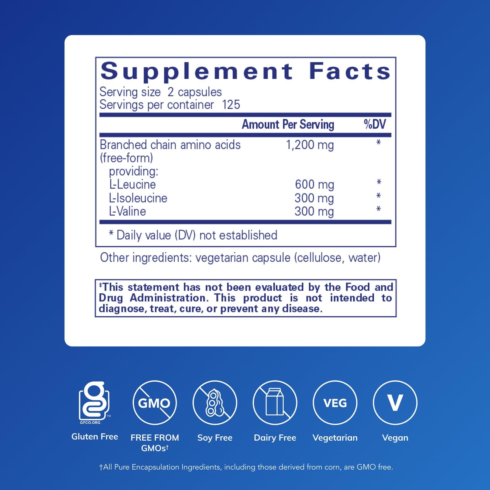Etui d'emballage Pure Encapsulations BCAA, présentation claire pour usage quotidien.