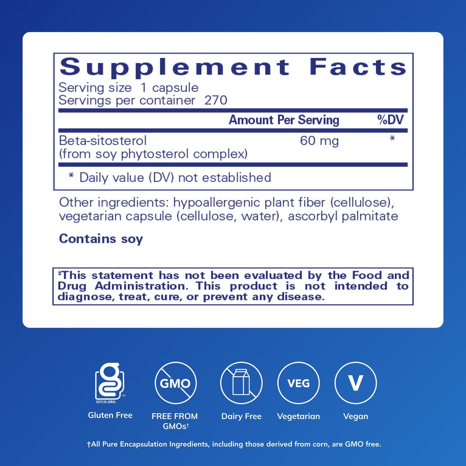 Pure Encapsulations Beta-Sitosterol, capsules gros plan, formulation végétale sans allergènes.