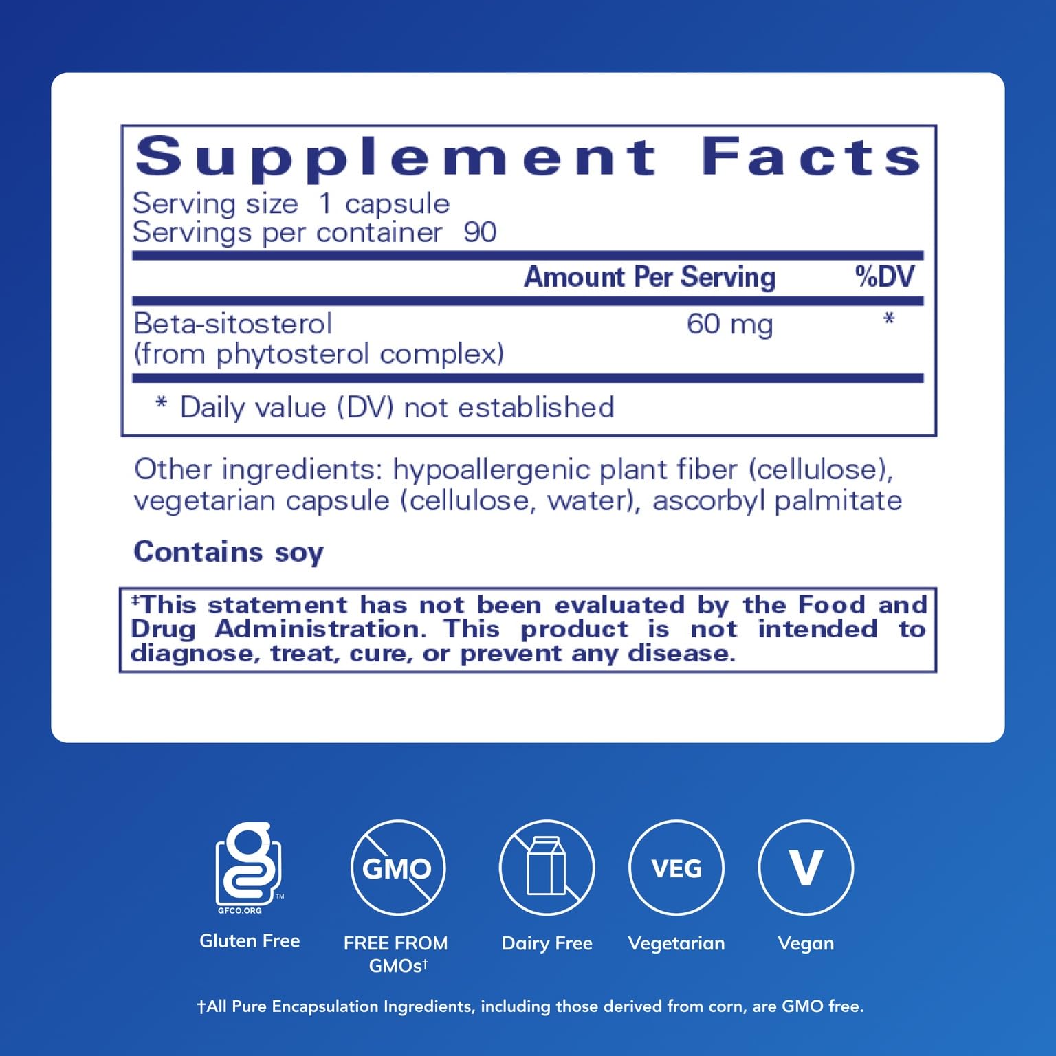 Etiquette Pure Encapsulations Beta-Sitosterol, ingrédients végétaux vegan et clarté visuelle.