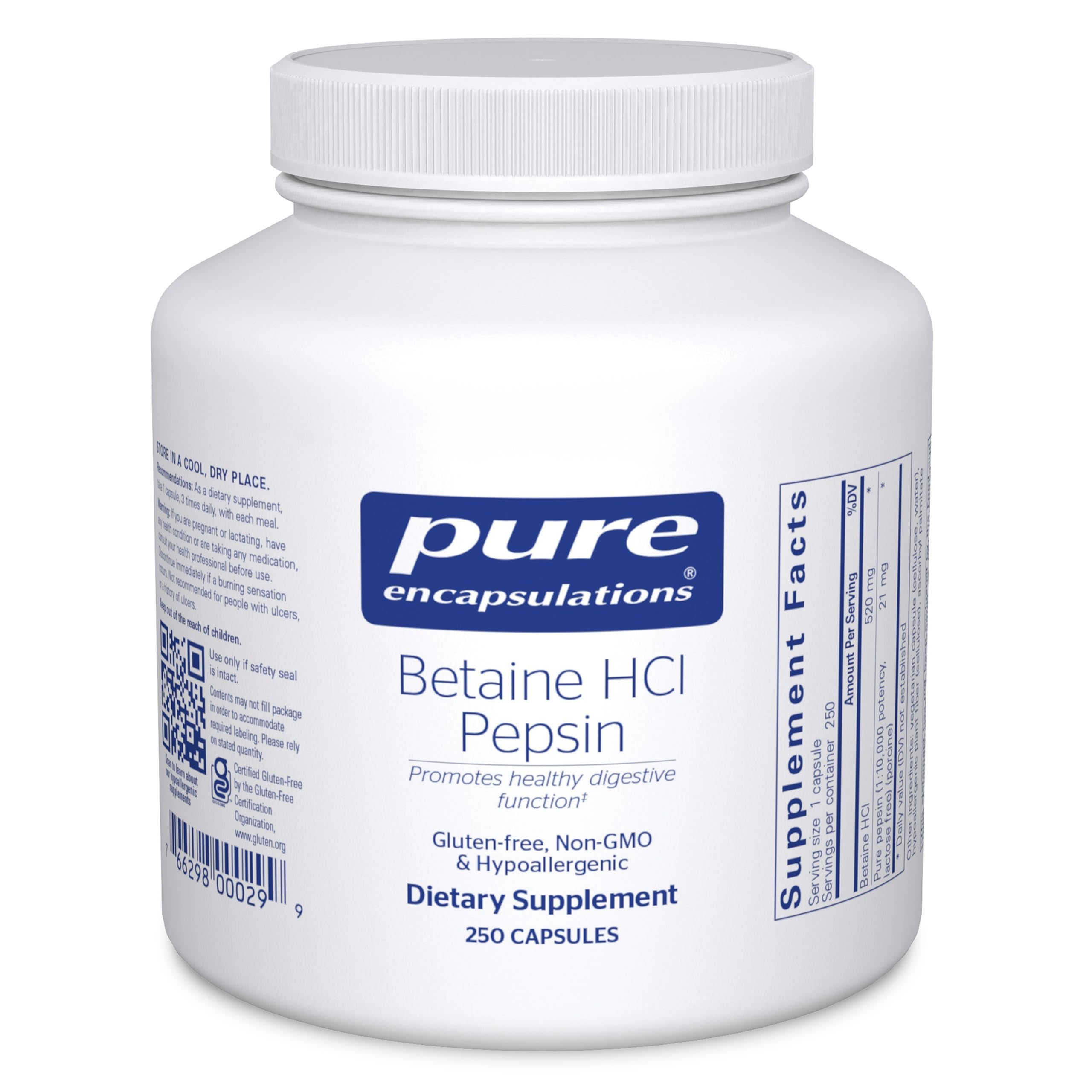 Pure Encapsulations Betaine HCl Pepsin, bouteille 250 capsules, soutien digestif potentiel