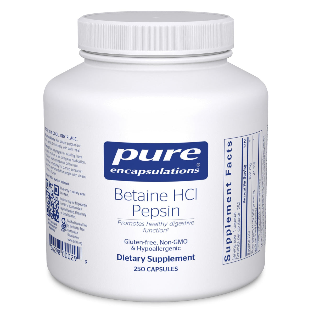 Pure Encapsulations Betaine HCl Pepsin, bouteille 250 capsules, soutien digestif potentiel