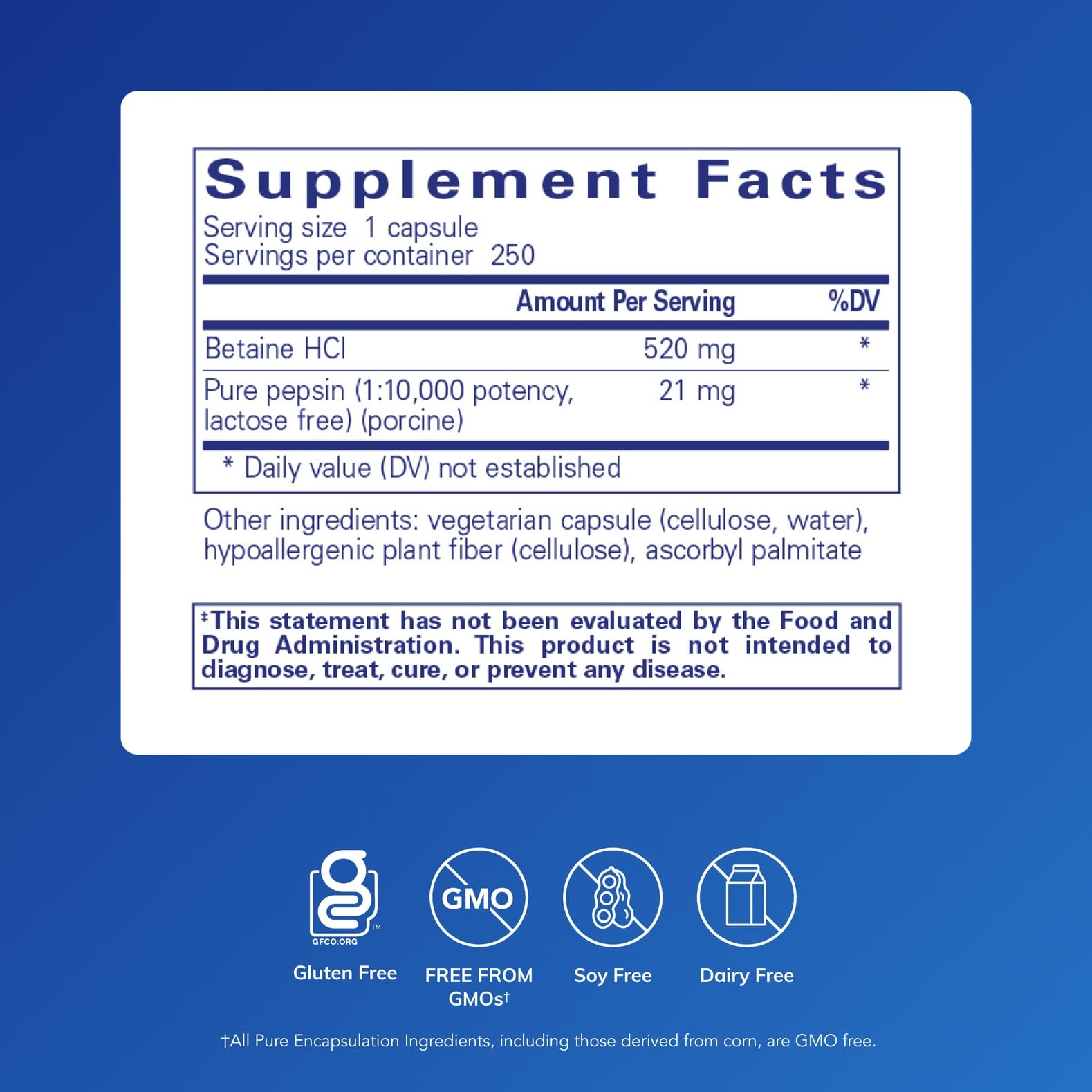 Étiquette du produit Pure Encapsulations Betaine HCl Pepsin, informations claires