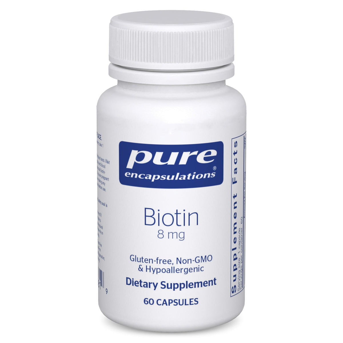 Pure Encapsulations Biotin 8 mg - flacon, soutien potentiel cheveux et ongles sains.