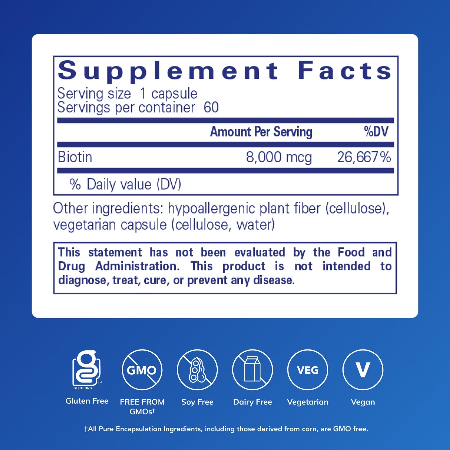 Pure Encapsulations Biotin 8 mg - gélules, peau et cheveux plus forts possibles.