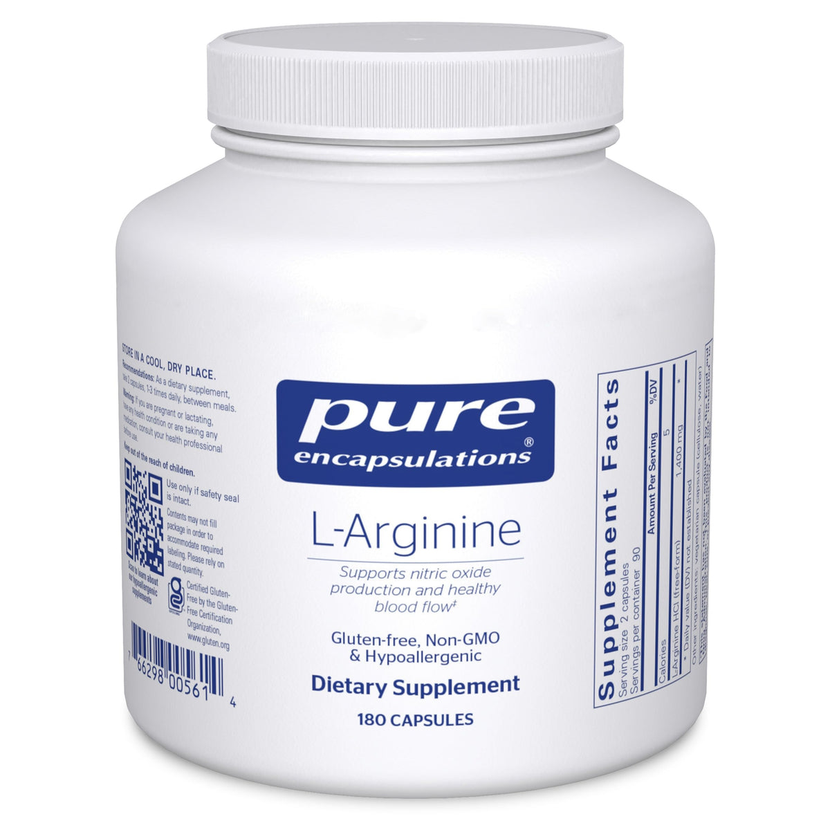 Pure Encapsulations L-Arginine: bouteille et capsules, prise pratique et potentiel soutien circulatoire.