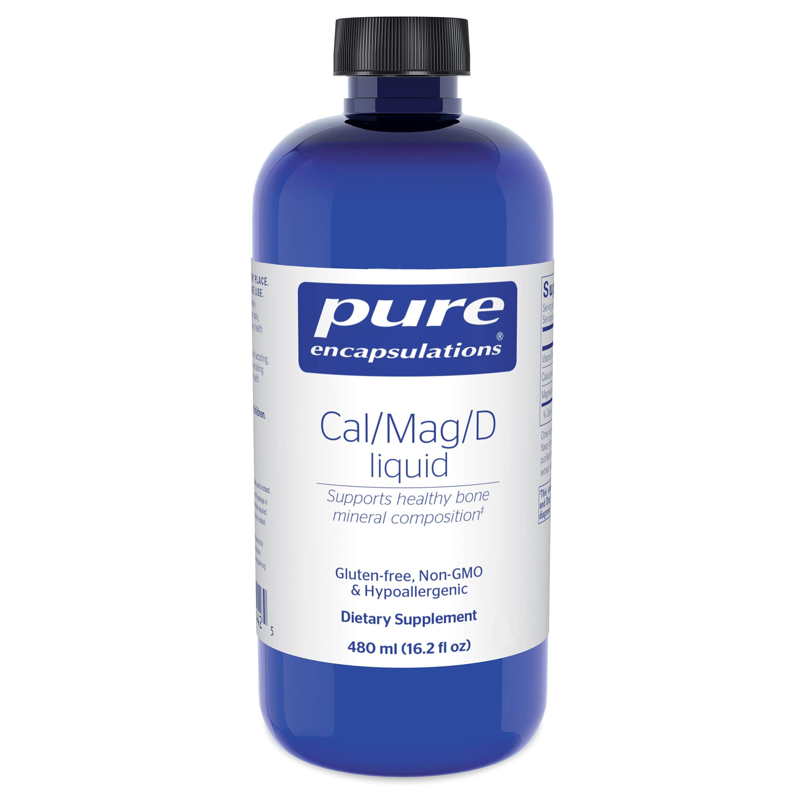 Pure Encapsulations Cal/Mag/D liquide, bouteille visible, soutien potentiel à la santé osseuse et cardiovasculaire.