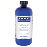 Pure Encapsulations Cal/Mag/D liquide, bouteille visible, soutien potentiel à la santé osseuse et cardiovasculaire.