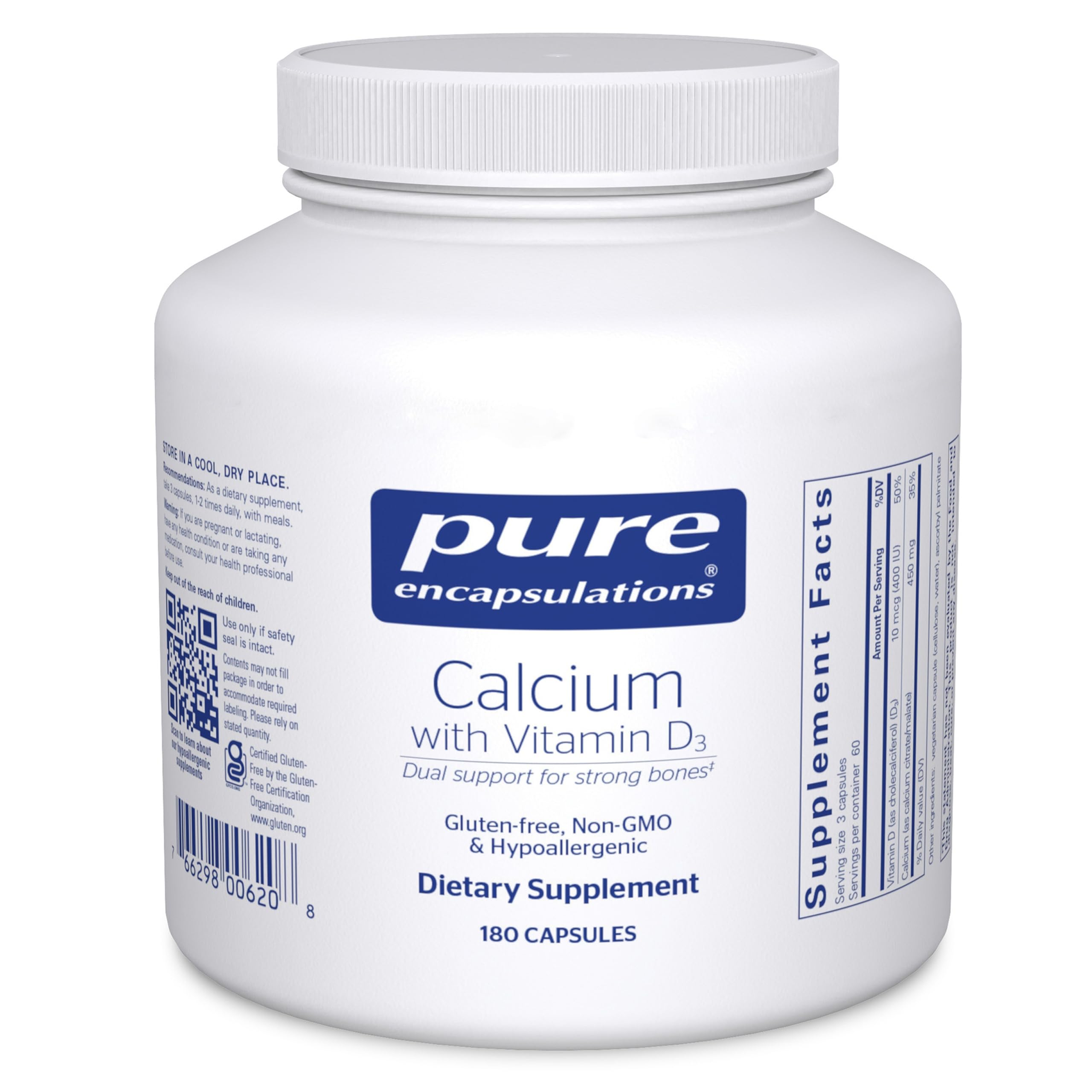 Pure Encapsulations Calcium D3 – bouteille gélules, support potentiel de la santé osseuse