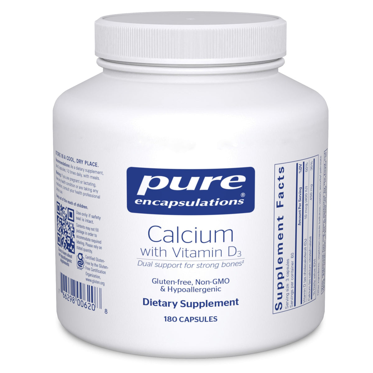Pure Encapsulations Calcium D3 – bouteille gélules, support potentiel de la santé osseuse
