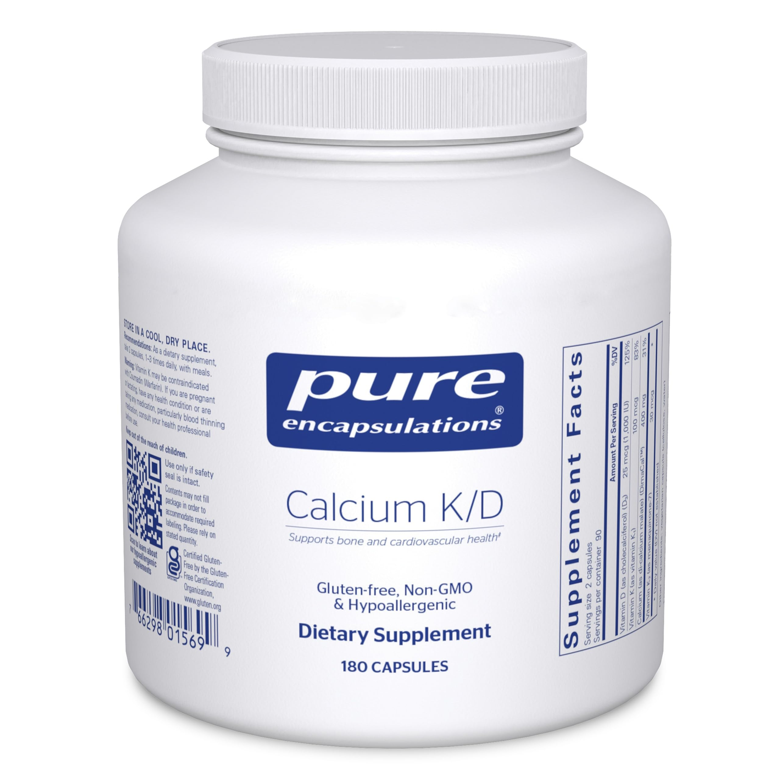 Pure Encapsulations Calcium K/D : bouteille de gélules pour le soutien osseux potentiel