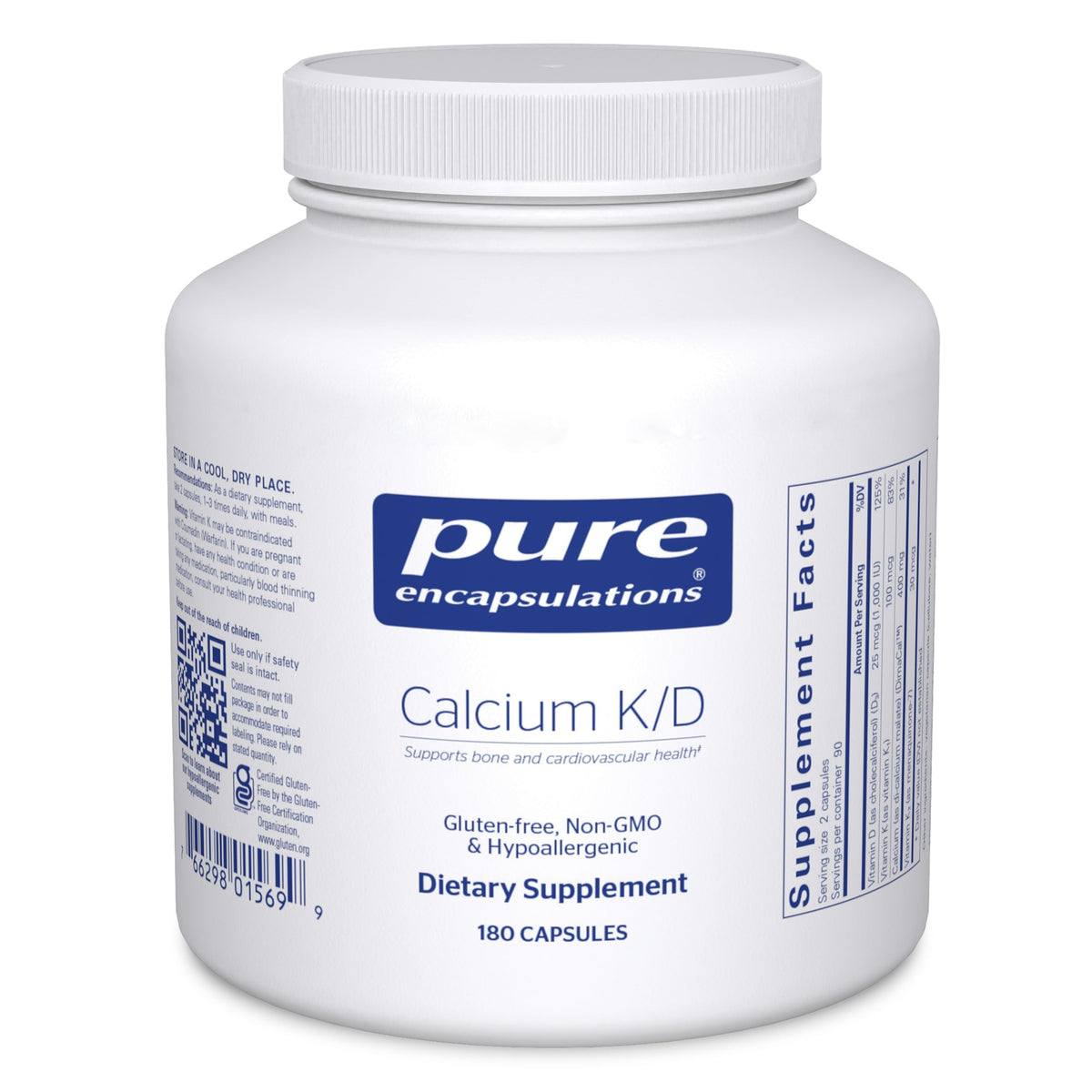 Pure Encapsulations Calcium K/D : bouteille de gélules pour le soutien osseux potentiel