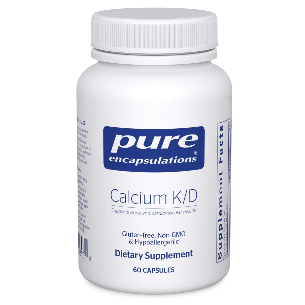 Pure Encapsulations Calcium K/D – bouteille et comprimés visibles, soutien potentiel pour la solidité osseuse