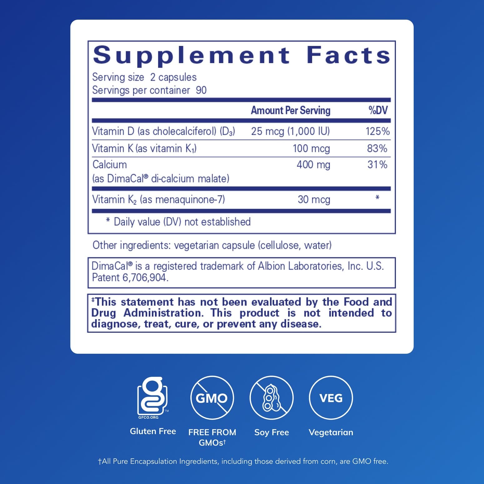 Étiquette nette de Calcium K/D Pure Encapsulations sur la bouteille