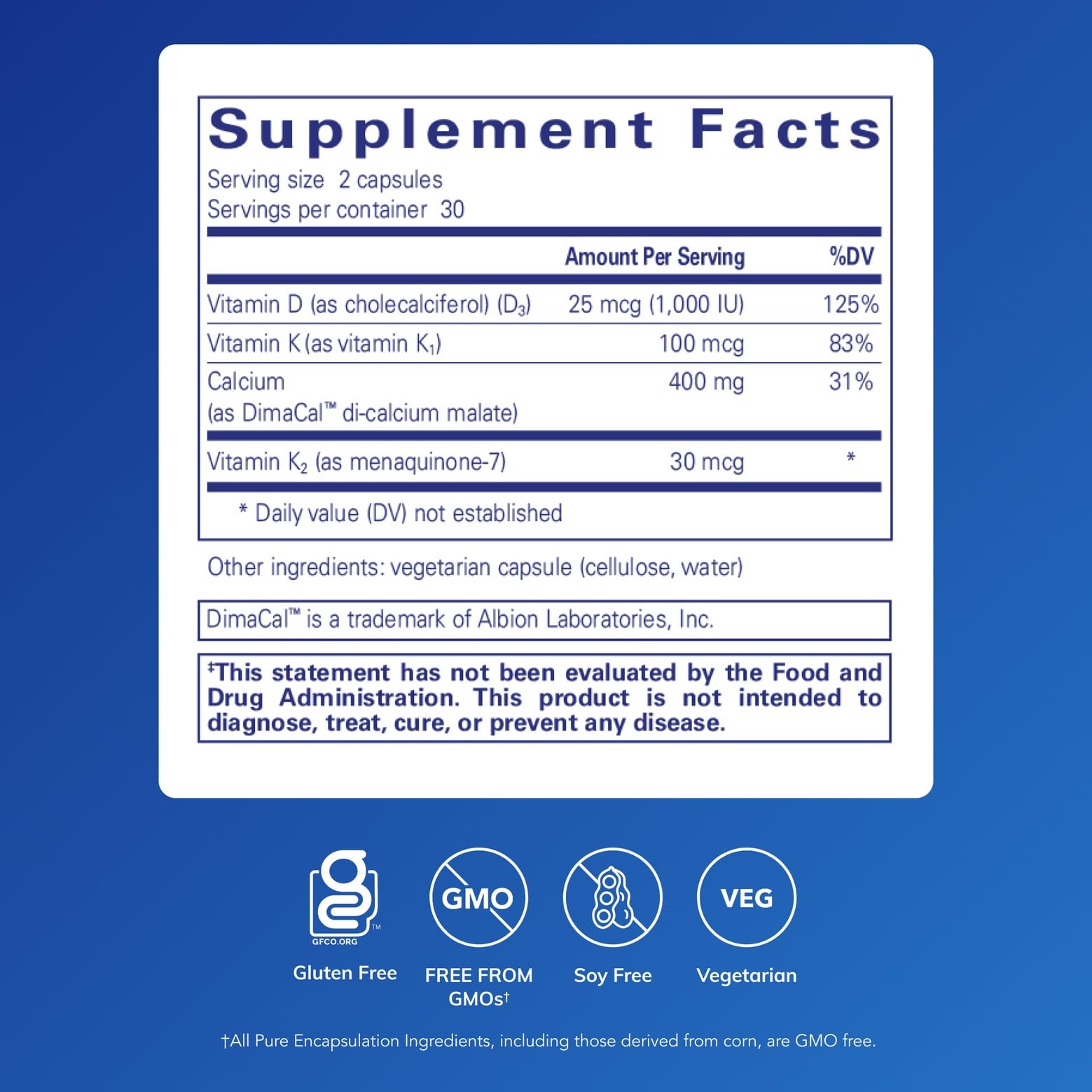 Pure Encapsulations Calcium K/D – étiquette claire, informations sur les vitamines D et K
