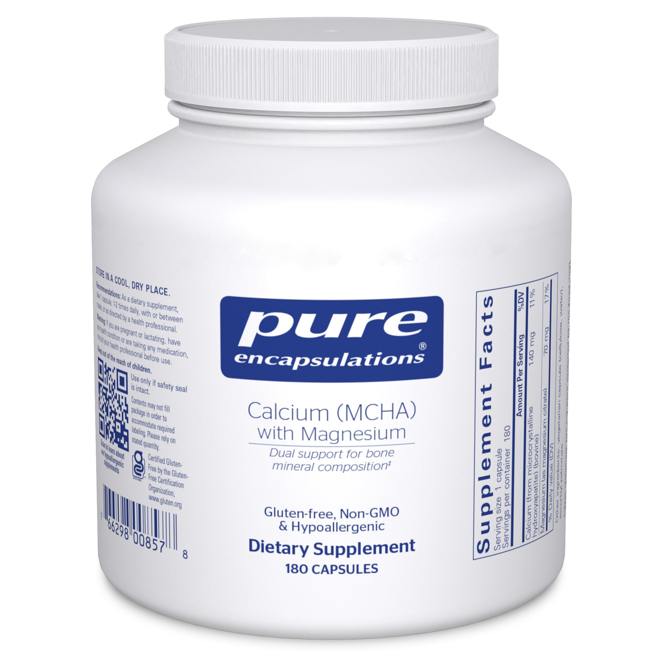Pure Encapsulations Calcium MCHA : bouteille de capsules pour le soutien osseux potentiel.