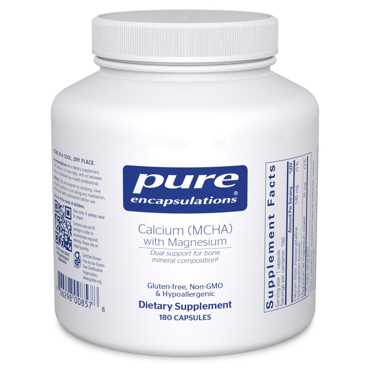 Pure Encapsulations Calcium MCHA : bouteille de capsules pour le soutien osseux potentiel.