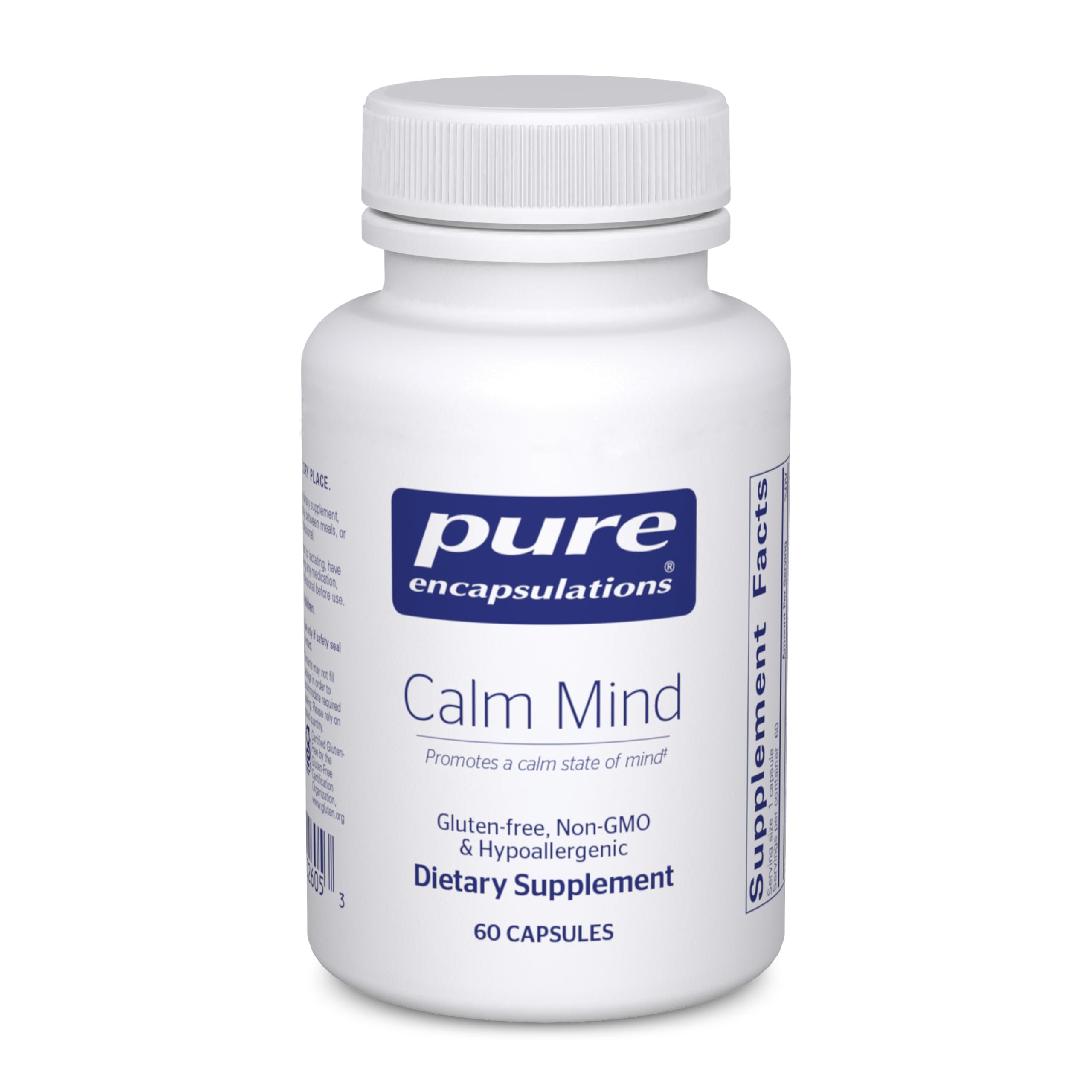 Pure Encapsulations Calm Mind – bouteille ouverte, favorise relaxation et calme.